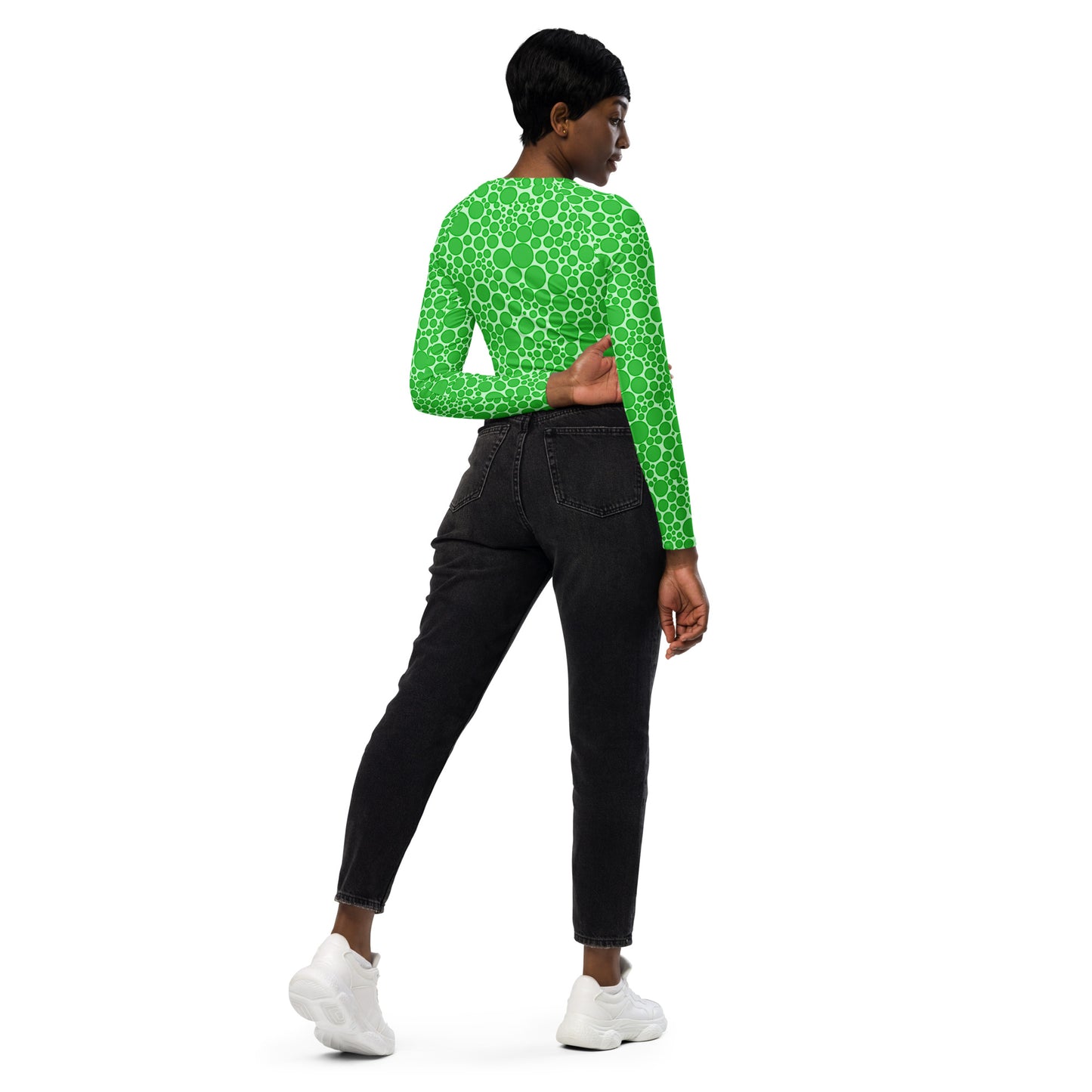 Women's Long-Sleeve Crop Top - Green Dots on Neon Green