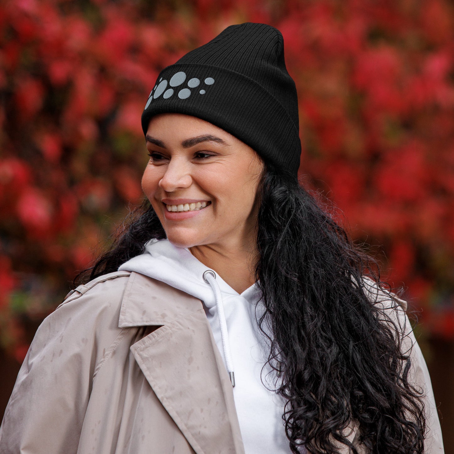 Organic Cotton Ribbed Beanie - Gray on Black Polka Dots