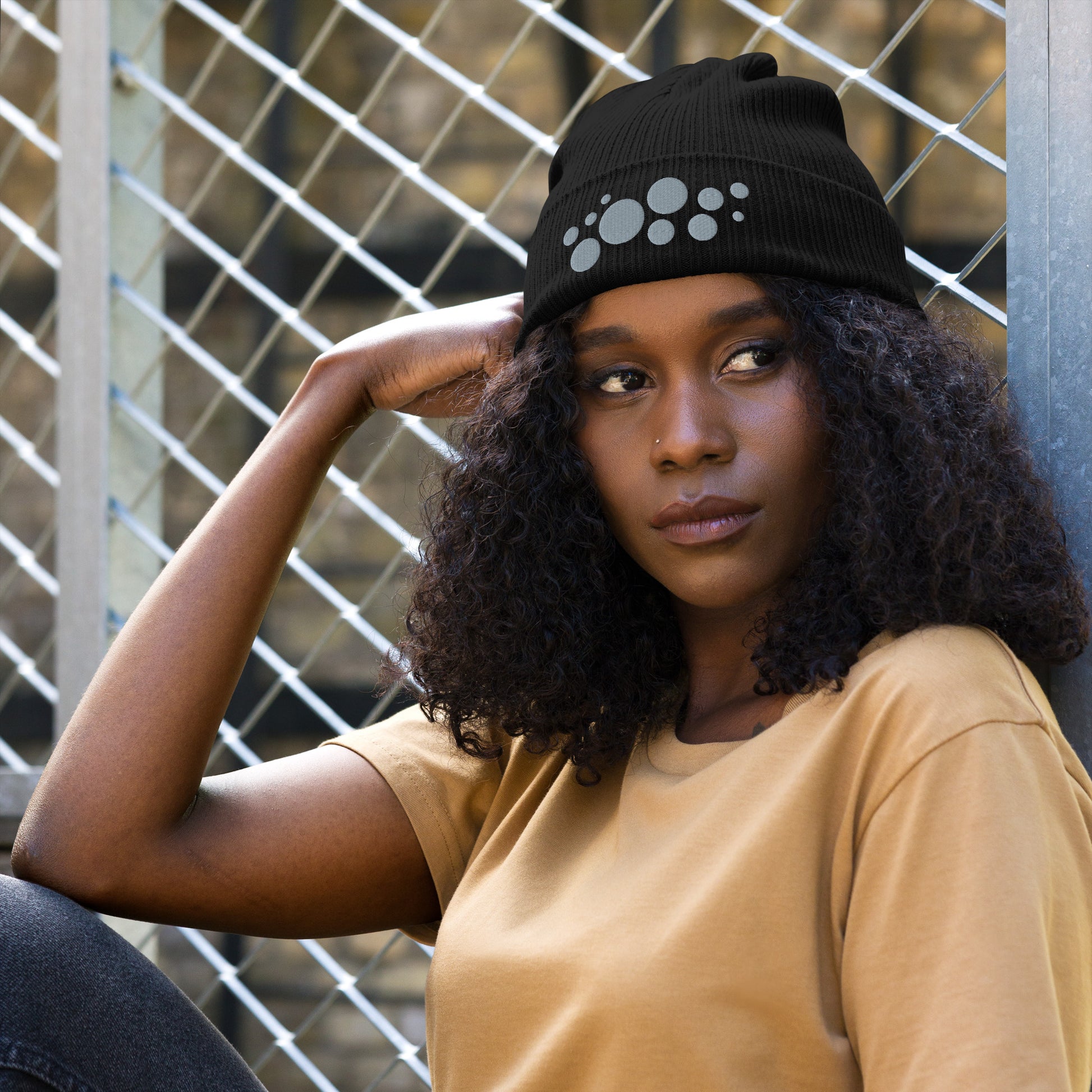 Organic Cotton Ribbed Beanie - Gray on Black Polka Dots