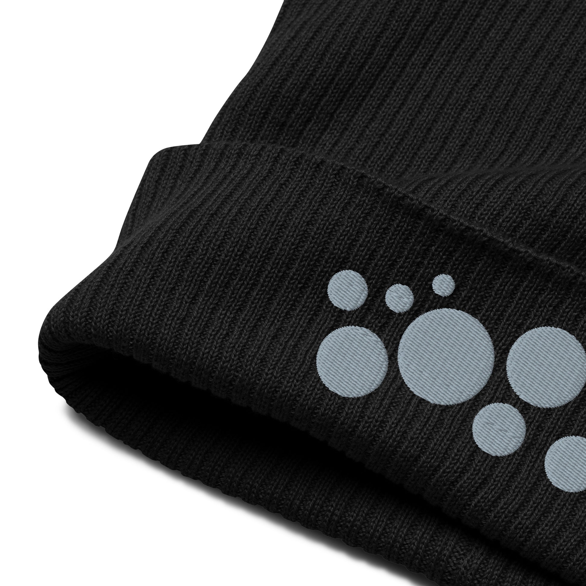 Organic Cotton Ribbed Beanie - Gray on Black Polka Dots