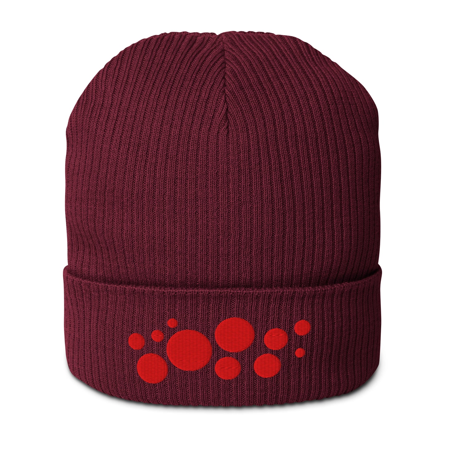 Organic Cotton Ribbed Beanie - Red on Burgundy Polka Dots