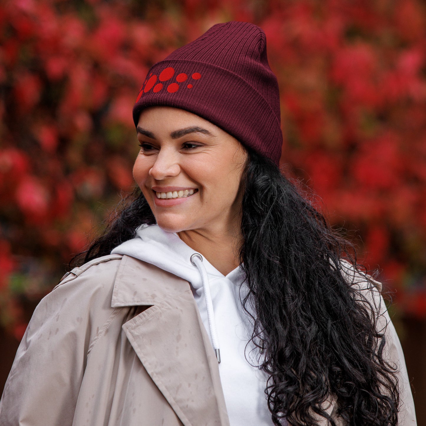 Organic Cotton Ribbed Beanie - Red on Burgundy Polka Dots