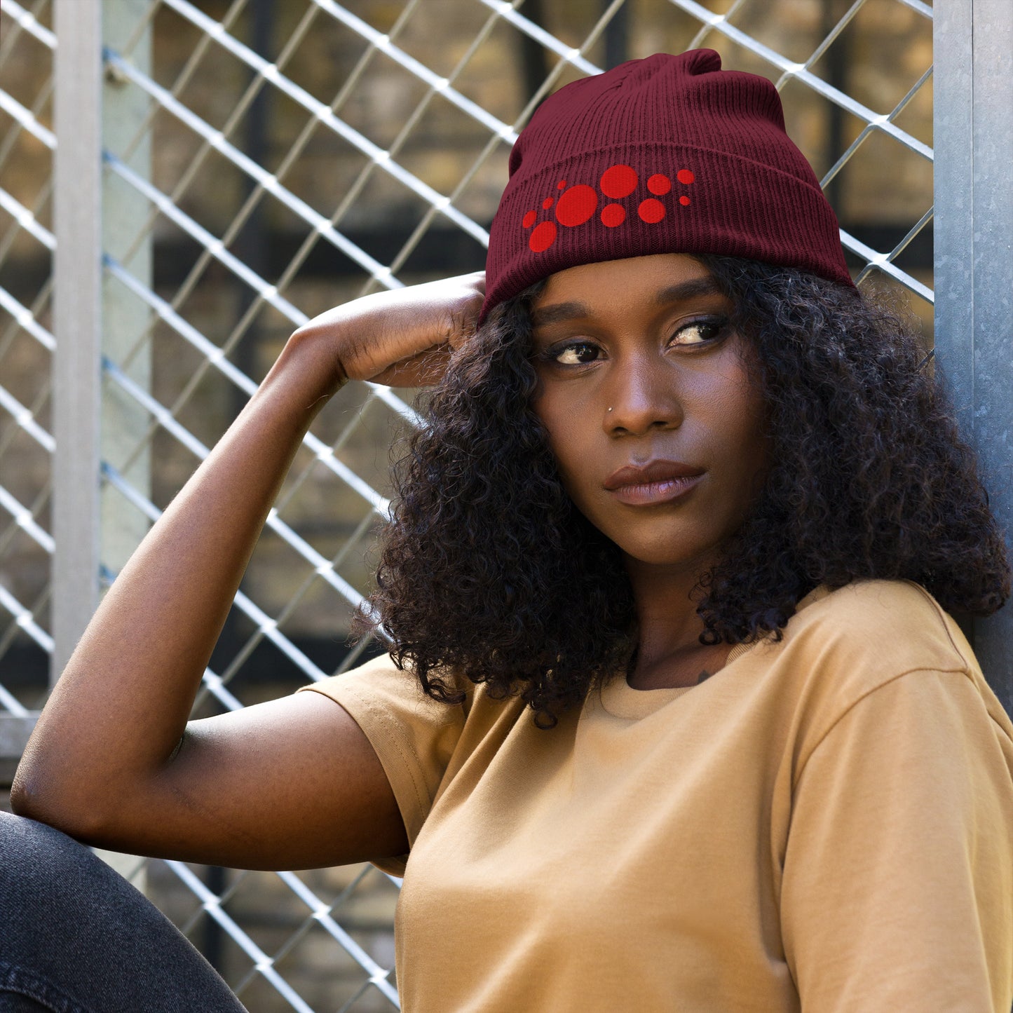 Organic Cotton Ribbed Beanie - Red on Burgundy Polka Dots