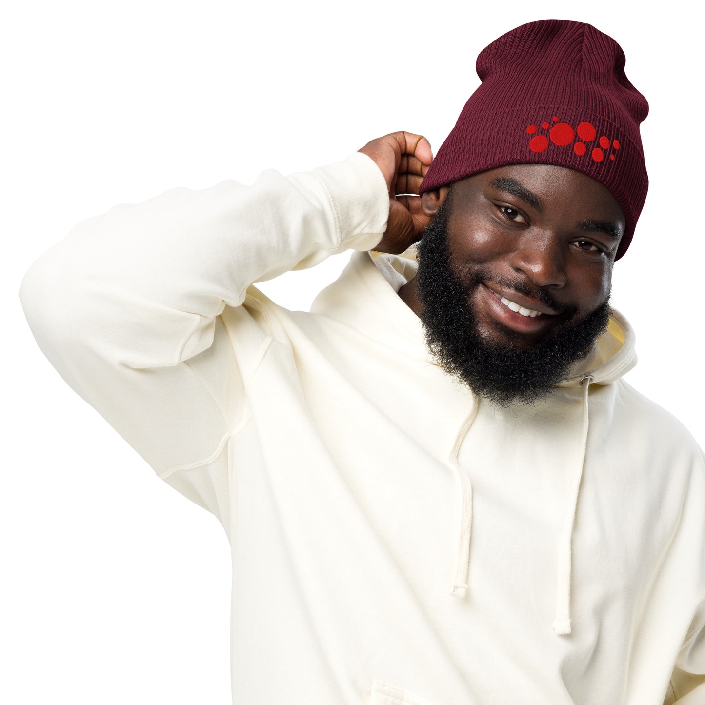 Organic Cotton Ribbed Beanie - Red on Burgundy Polka Dots