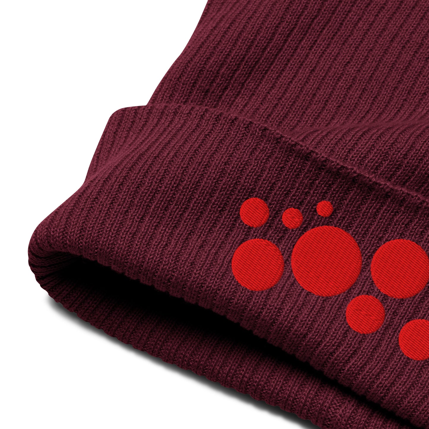 Organic Cotton Ribbed Beanie - Red on Burgundy Polka Dots