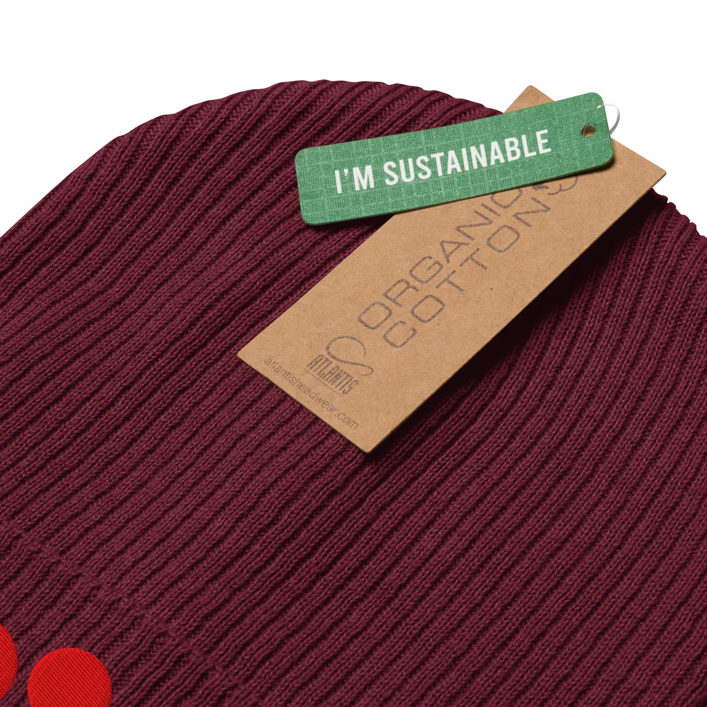 Organic Cotton Ribbed Beanie - Red on Burgundy Polka Dots