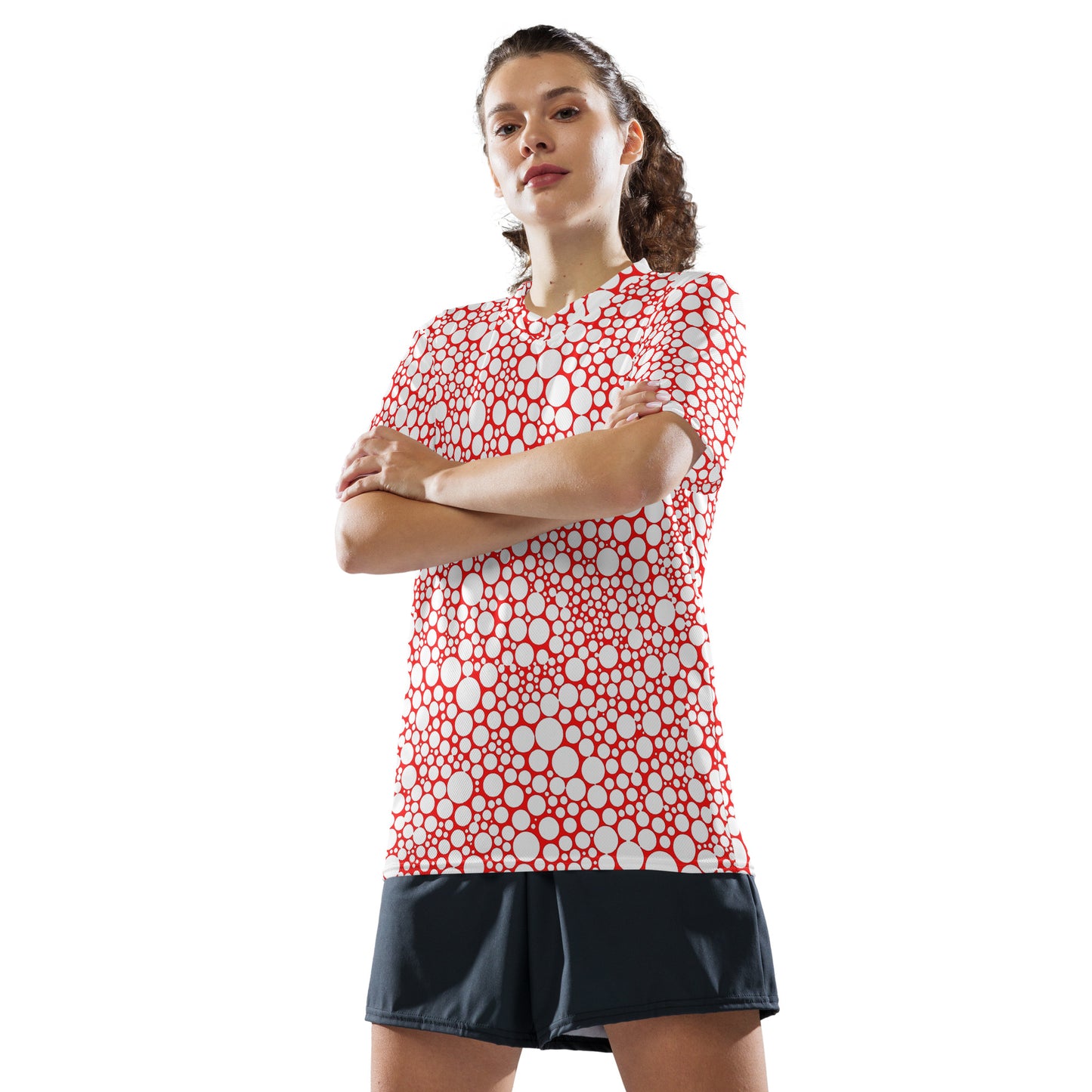 White Polka Dots on Red Unisex Sport Jersey
