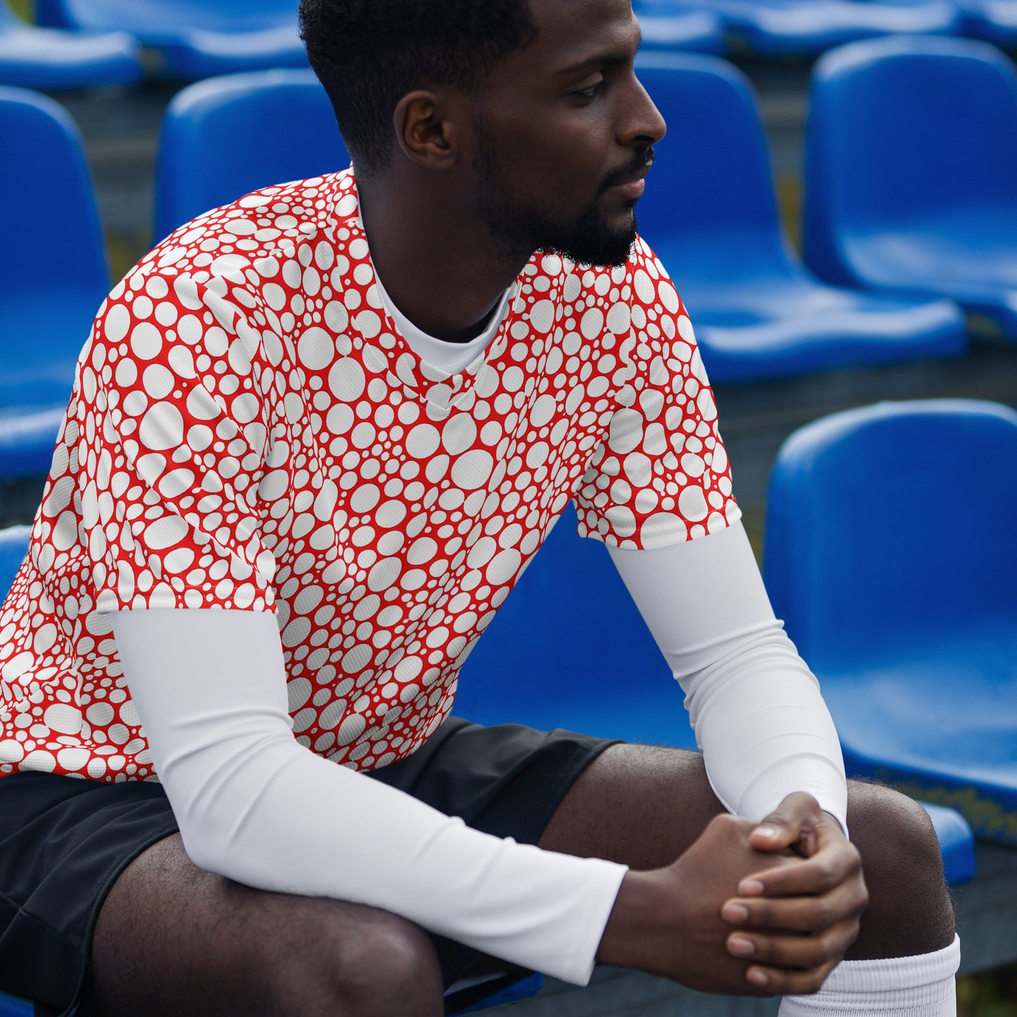 White Polka Dots on Red Unisex Sport Jersey