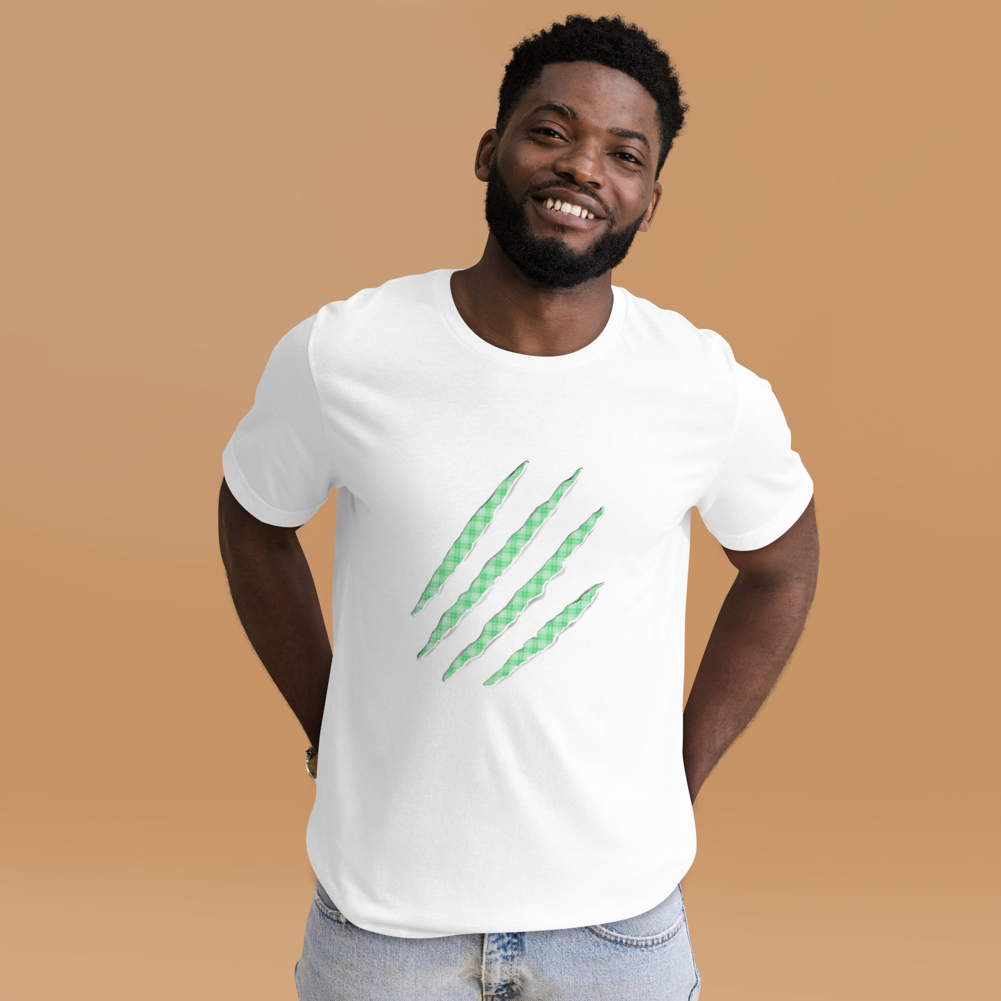 White t-shirt with Neon Lime Green claw marks