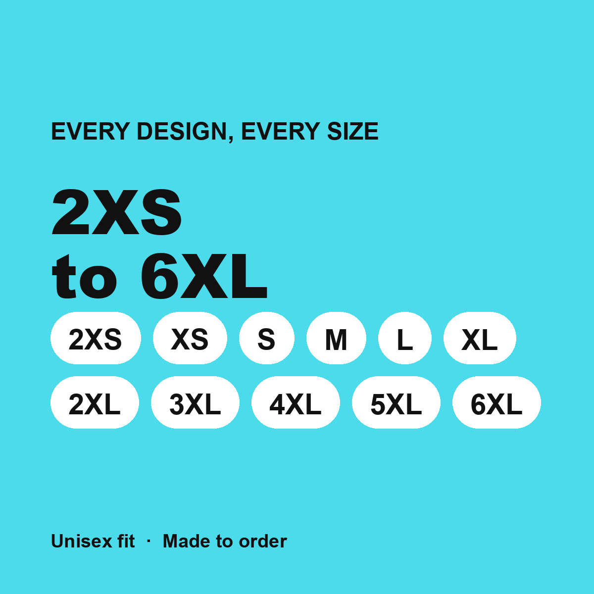 Size range 2XS to 6XL
