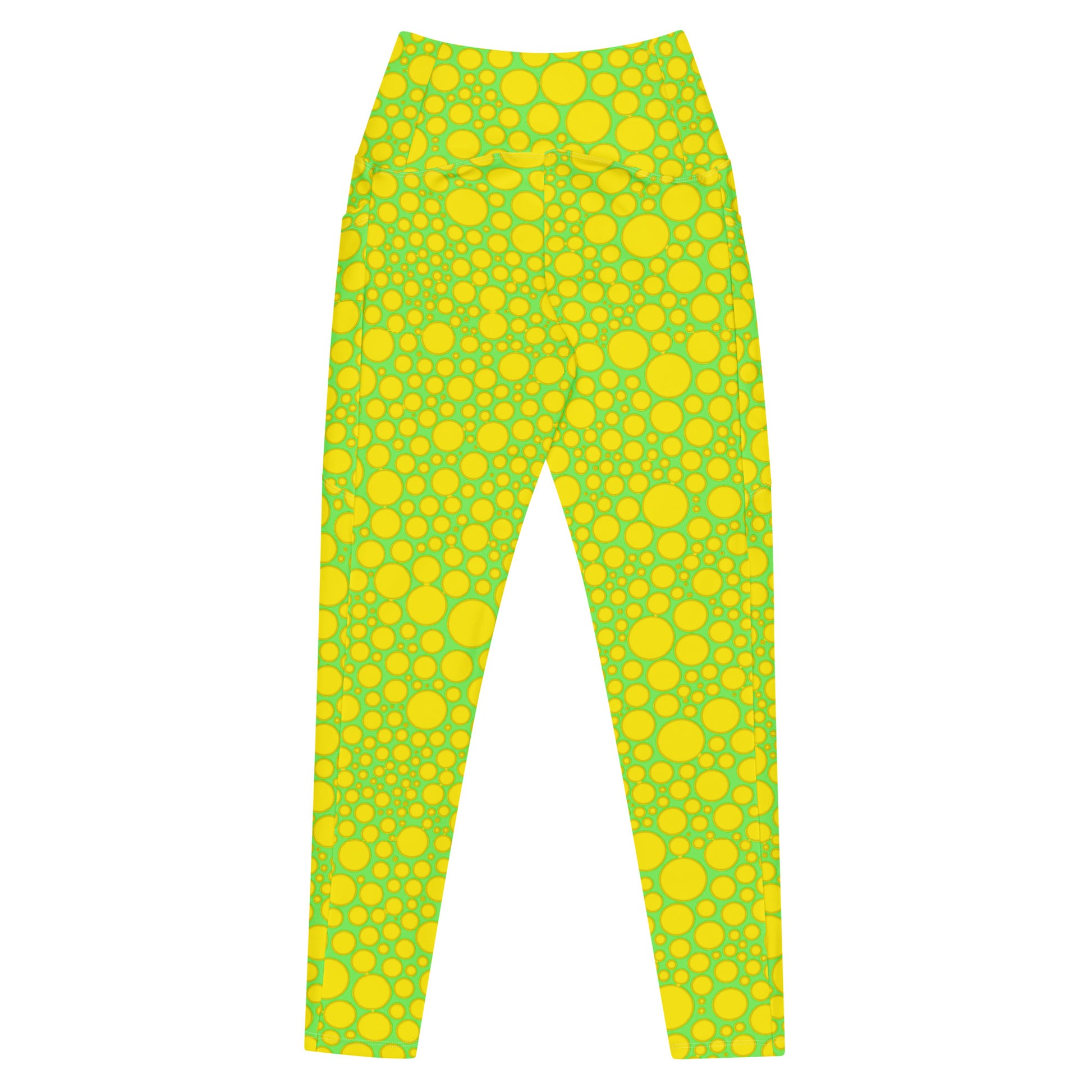 High-Waisted Pocket Leggings - Yellow Dots on Green