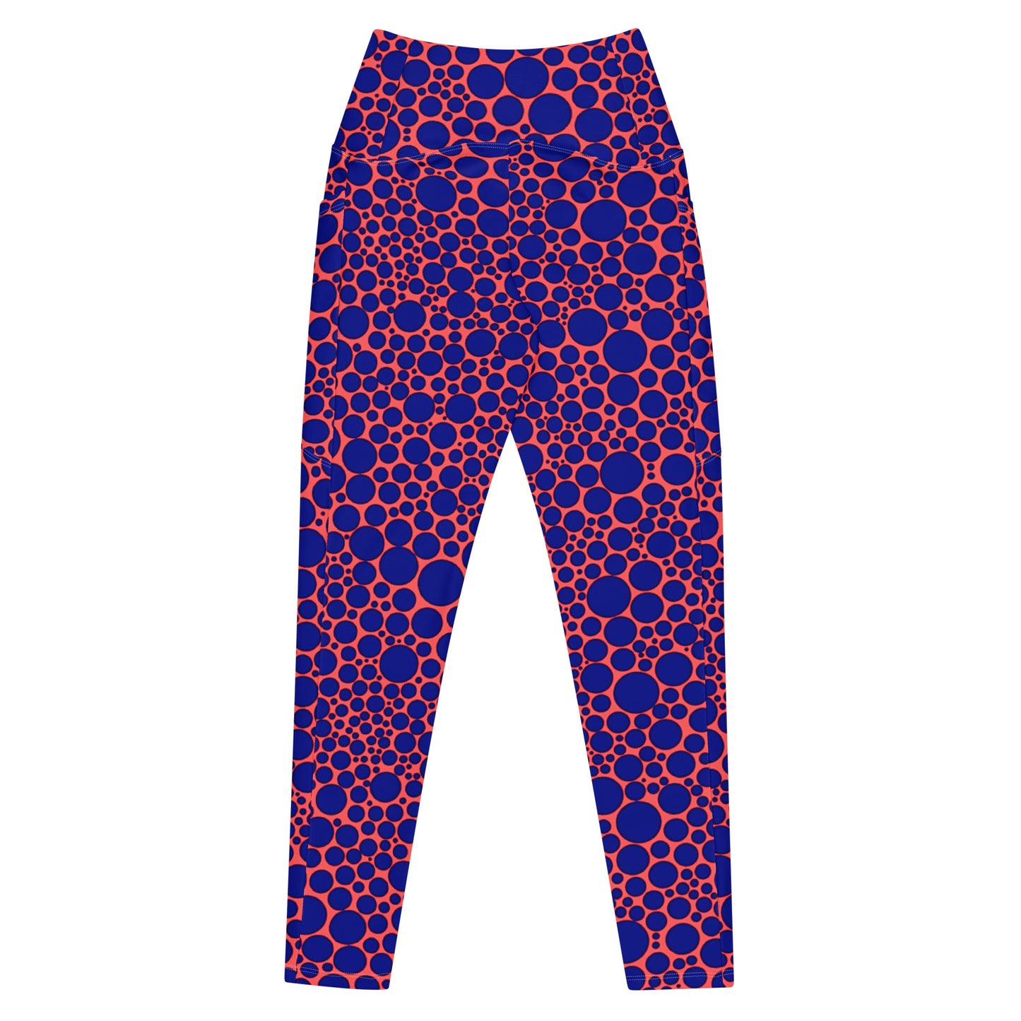 High-Waisted Pocket Leggings - Navy Blue Dots on Orange