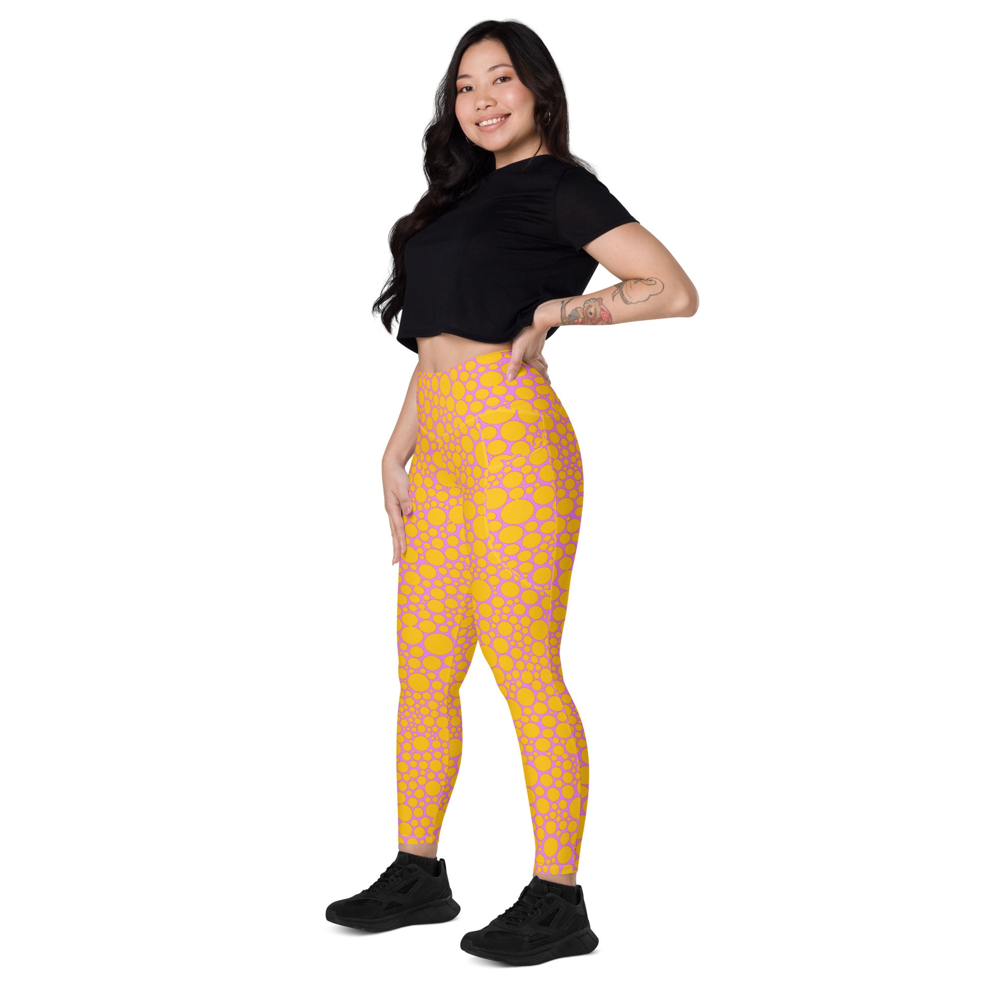 High-Waisted Pocket Leggings - Golden Yellow Dots on Hot Pink