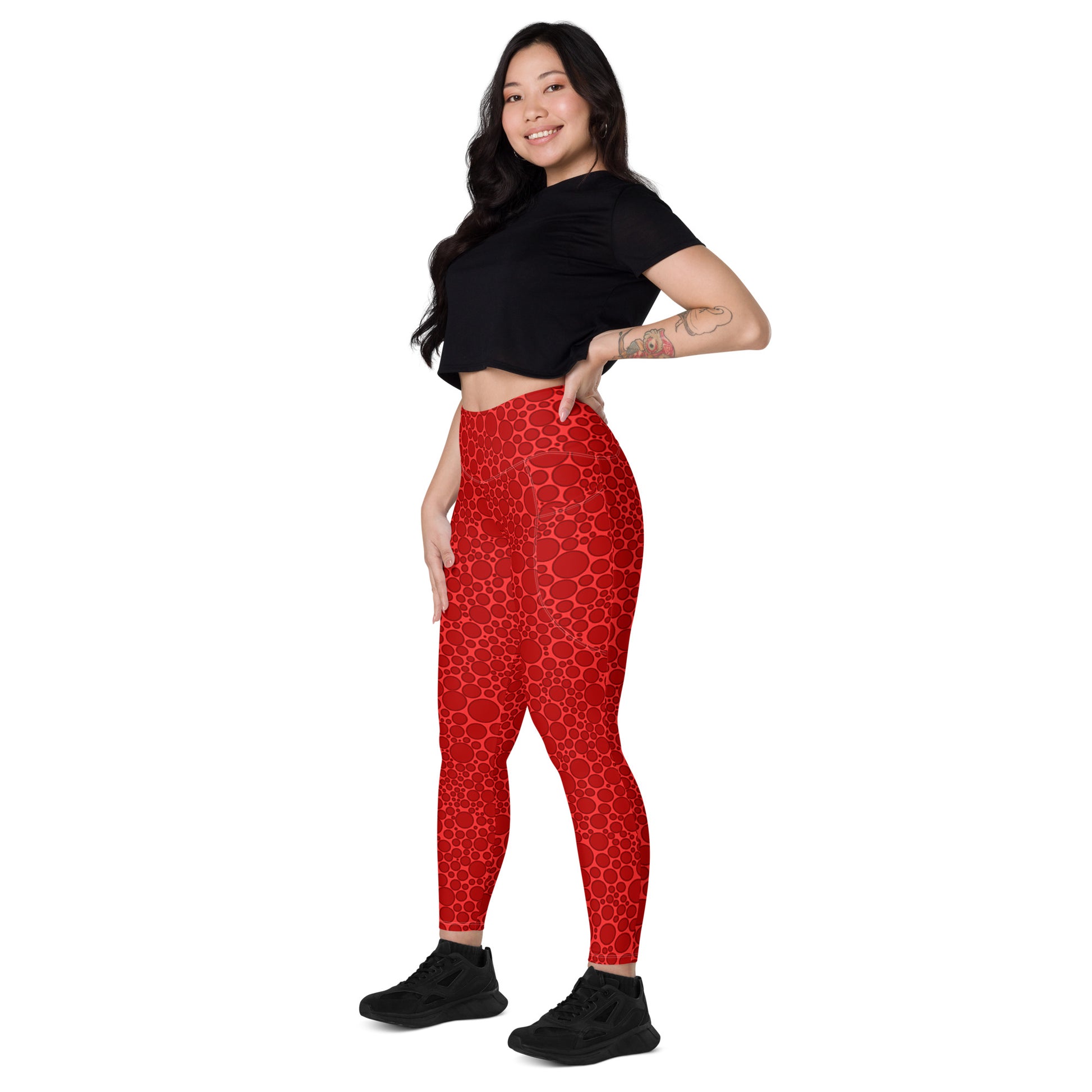 High-Waisted Pocket Leggings - Dark Red Dots on Bright Red