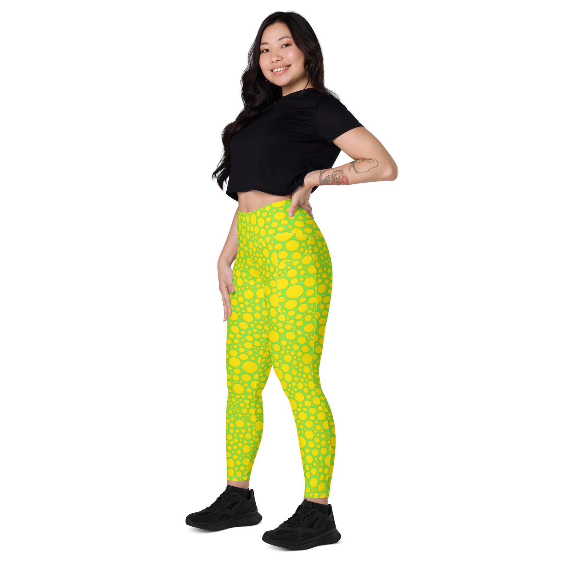 High-Waisted Pocket Leggings - Yellow Dots on Green