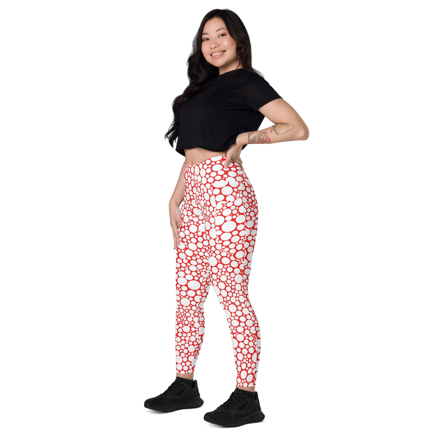 High-Waisted Pocket Leggings - White Dots on Red