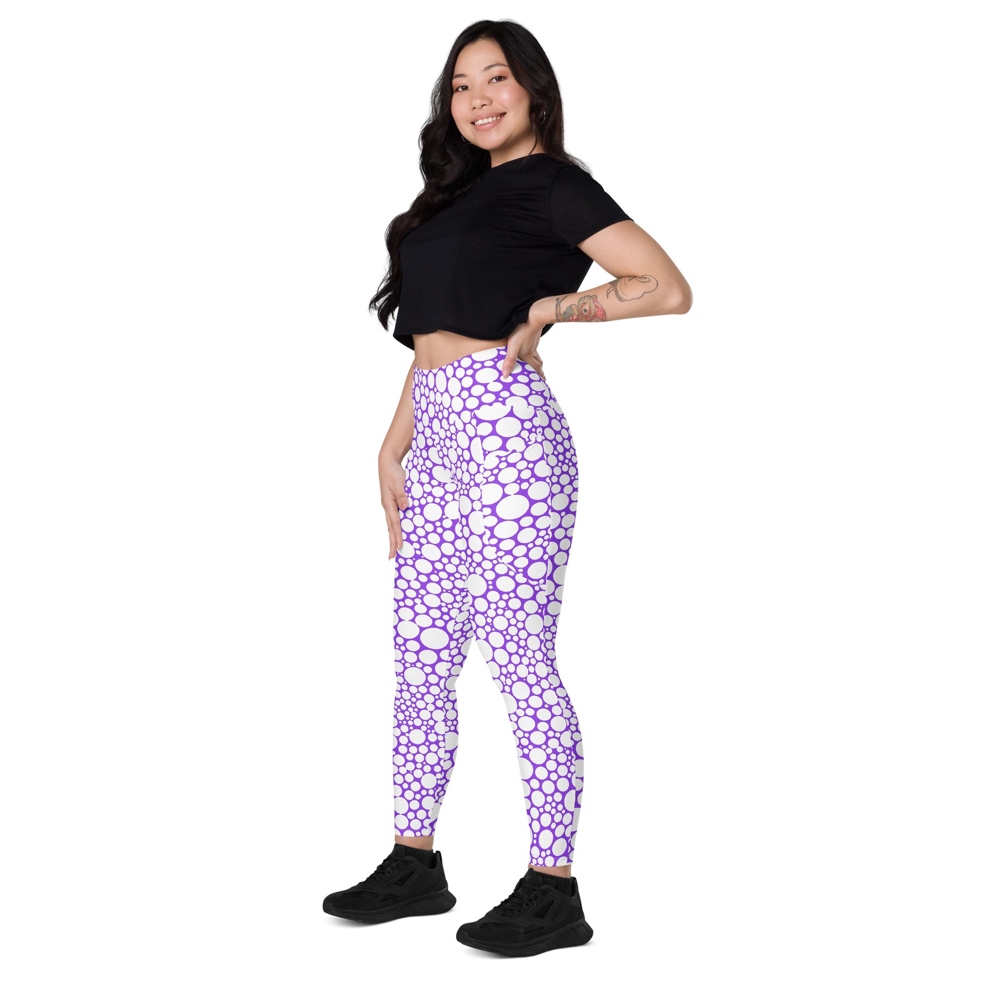 High-Waisted Pocket Leggings - White Dots on Purple