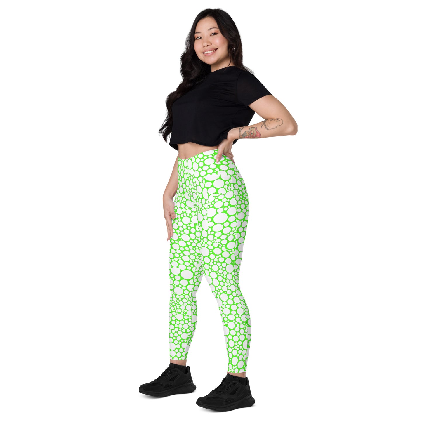 High-Waisted Pocket Leggings - White Dots on Neon Green