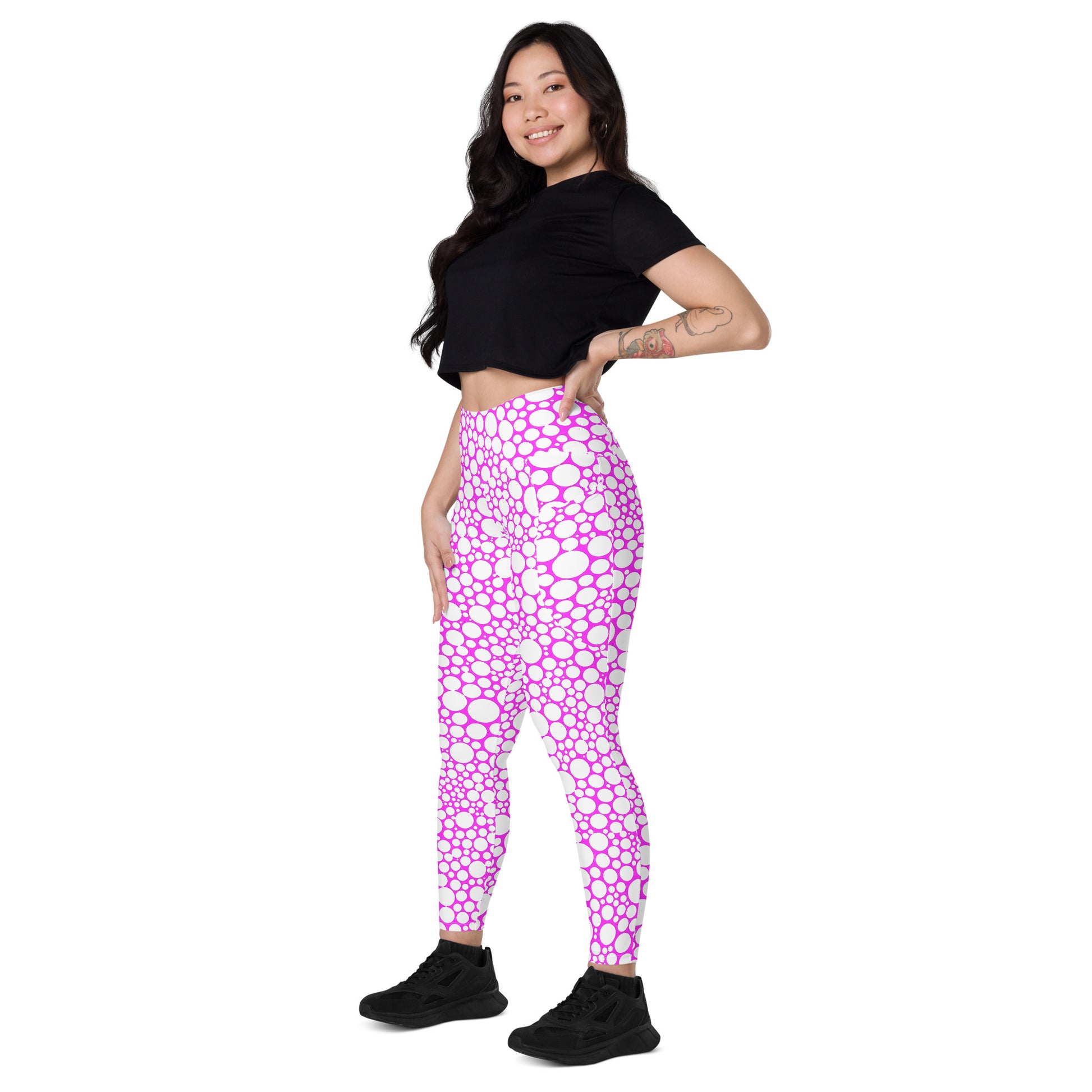 High-Waisted Pocket Leggings - White Dots on Fuchsia