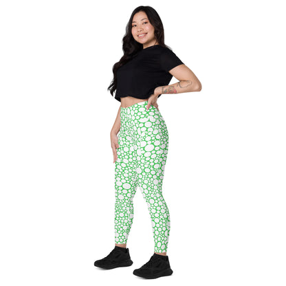 High-Waisted Pocket Leggings - White Dots on Forest Green