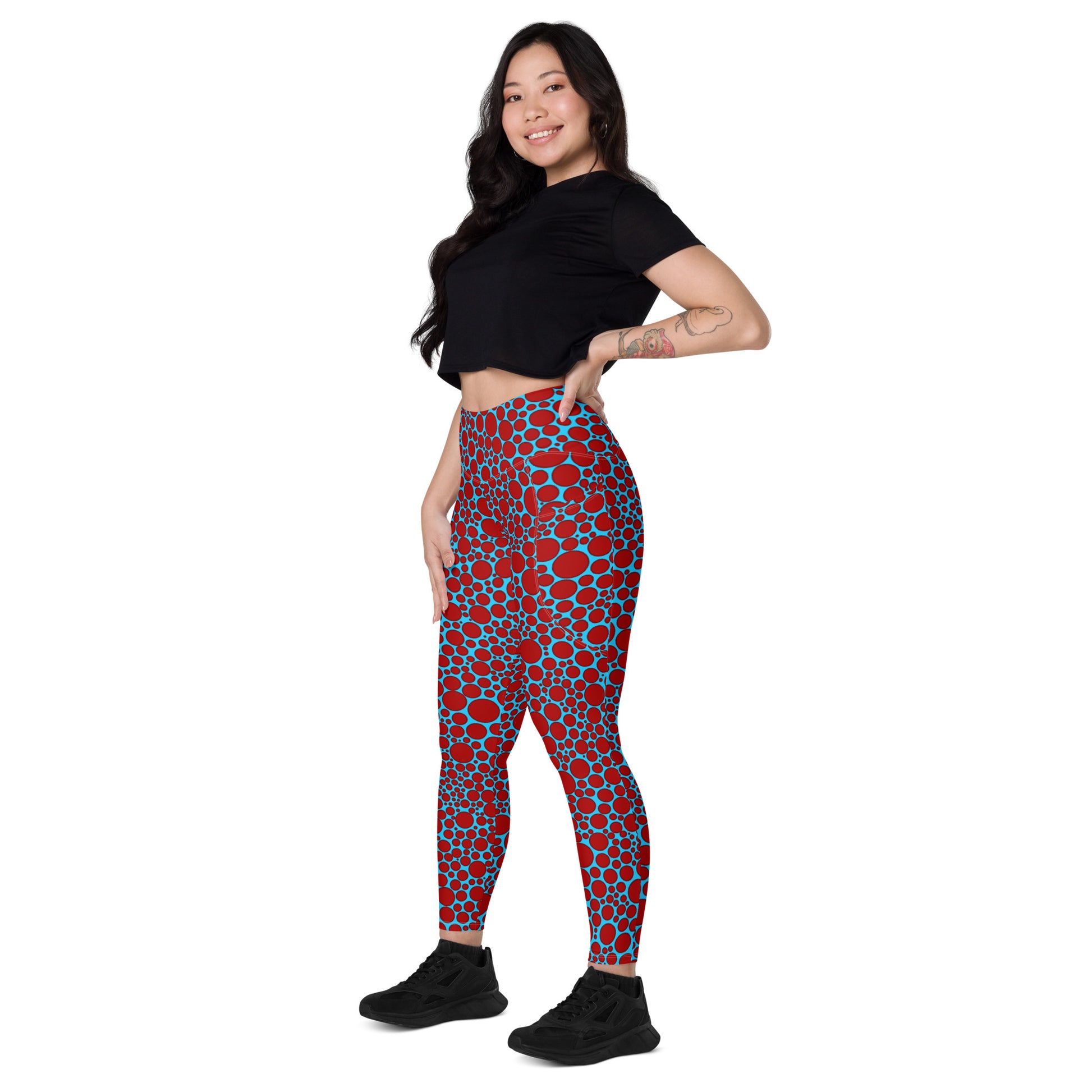 High-Waisted Pocket Leggings - Red Dots on Blue