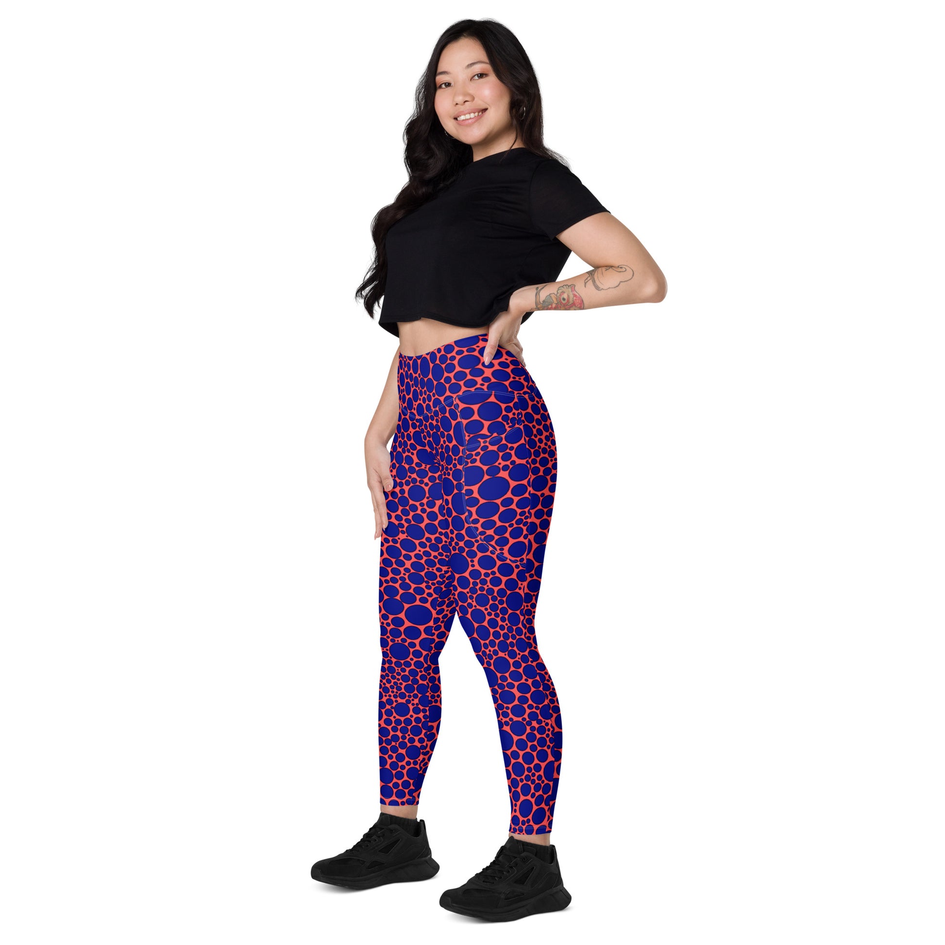 High-Waisted Pocket Leggings - Navy Blue Dots on Orange