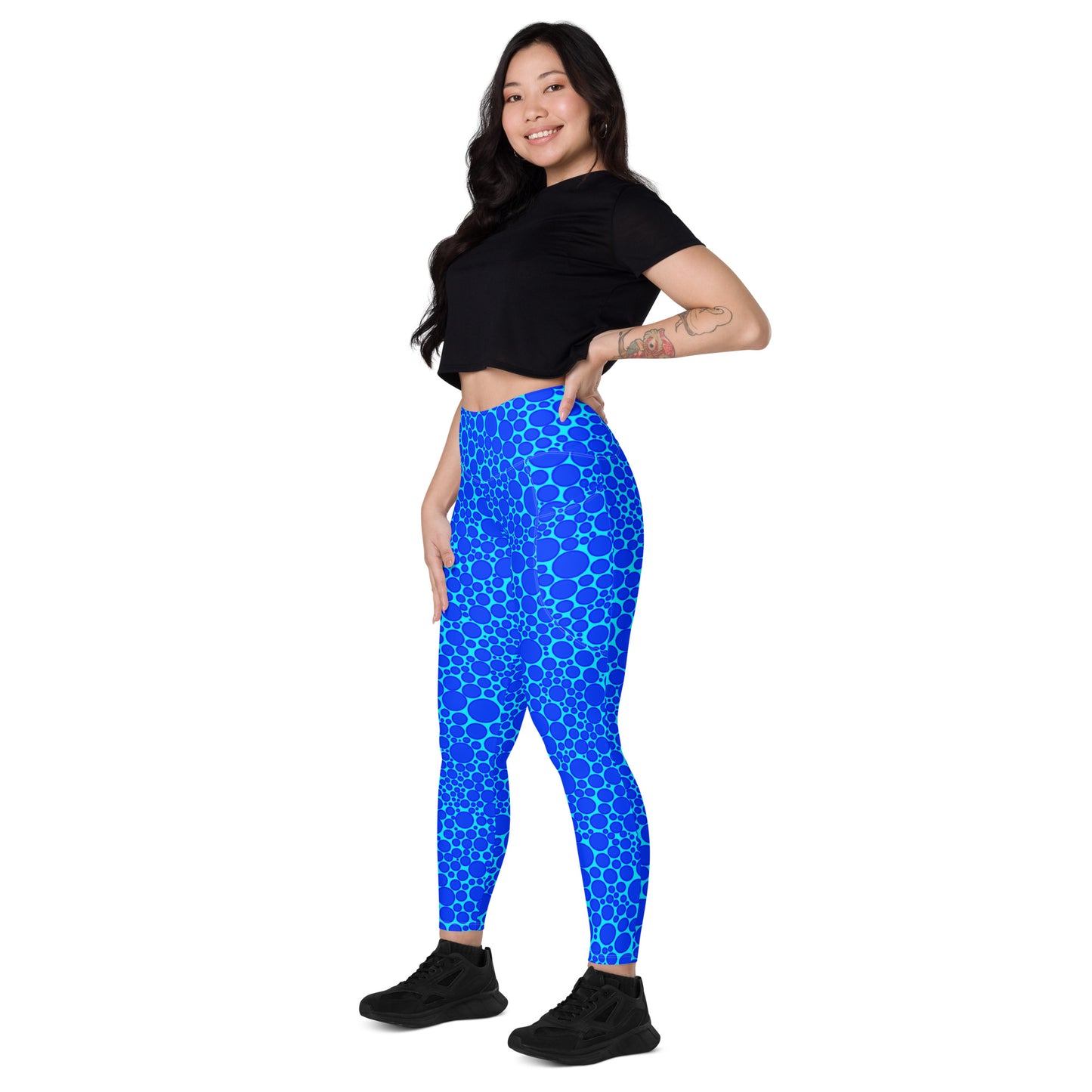 High-Waisted Pocket Leggings - Blue Dots on Electric Blue