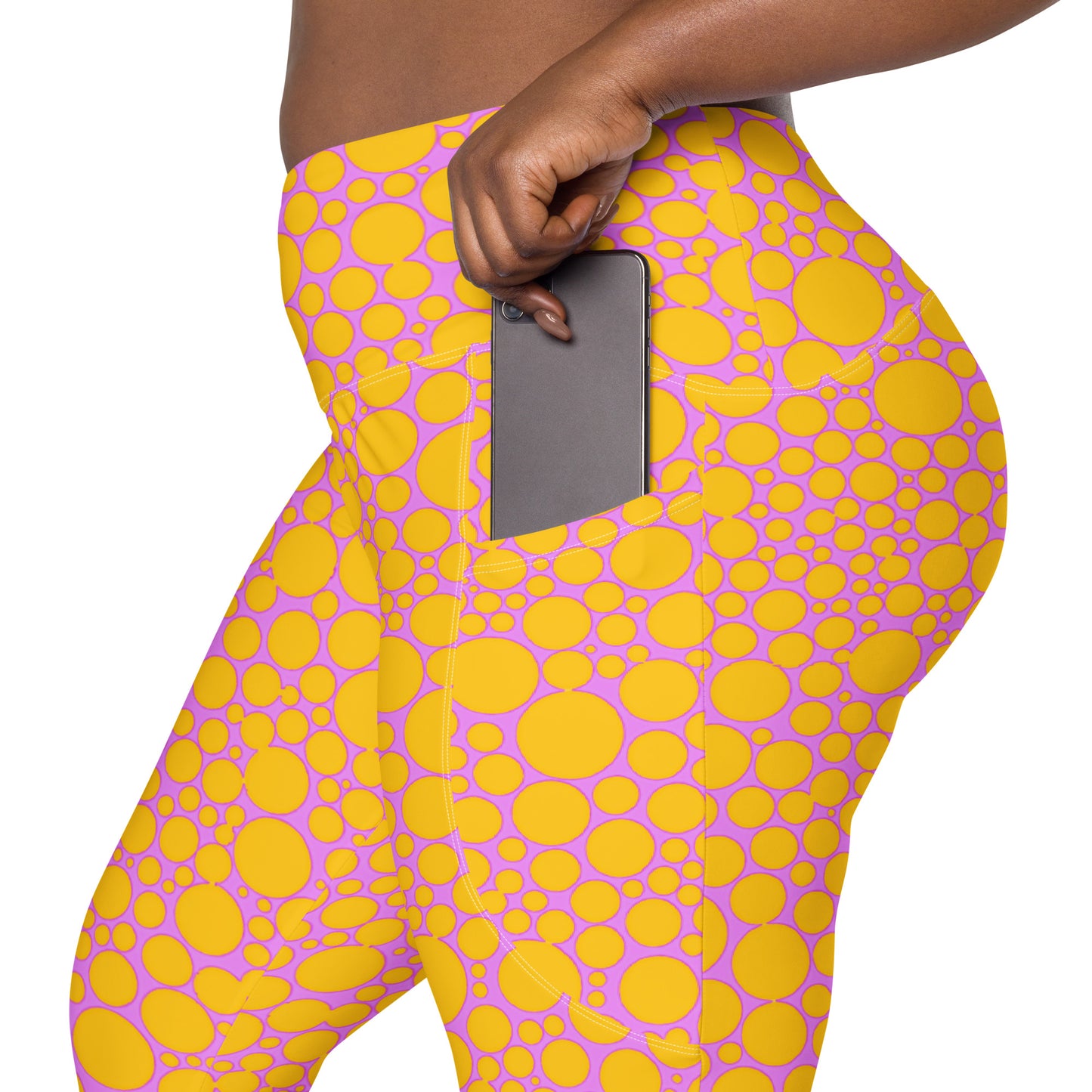 High-Waisted Pocket Leggings - Golden Yellow Dots on Hot Pink