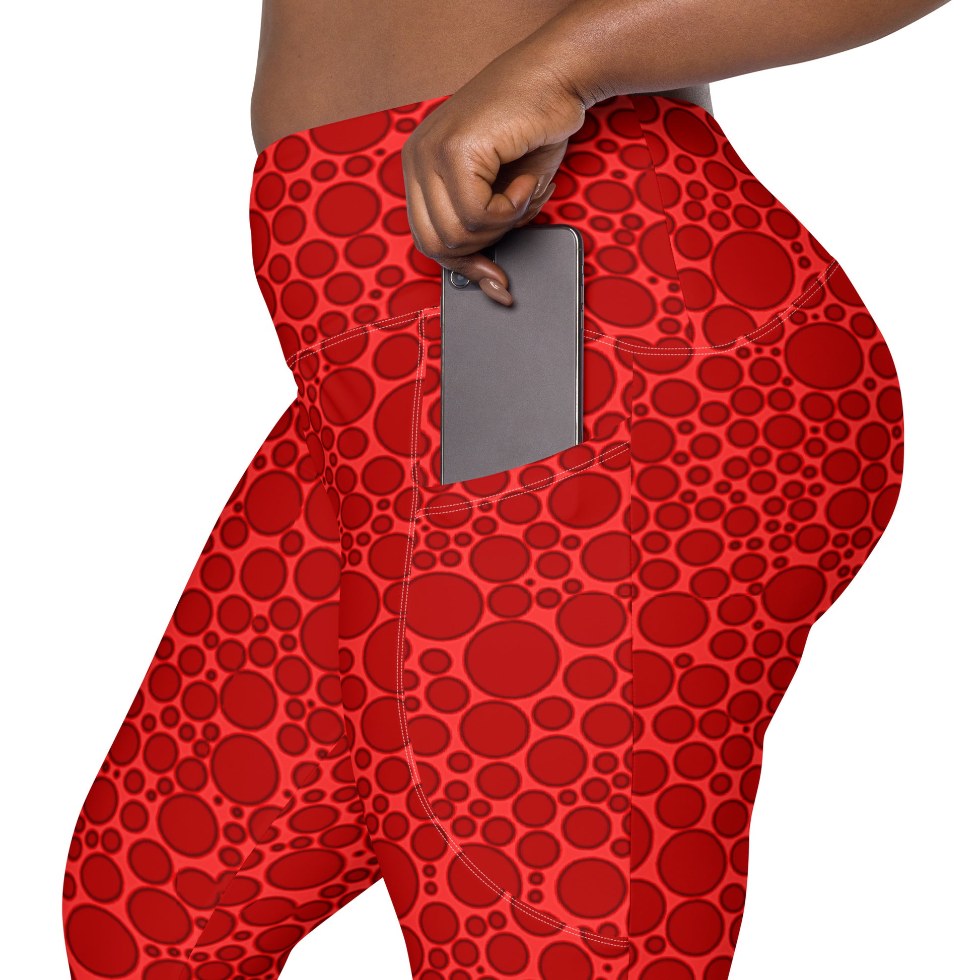 High-Waisted Pocket Leggings - Dark Red Dots on Bright Red