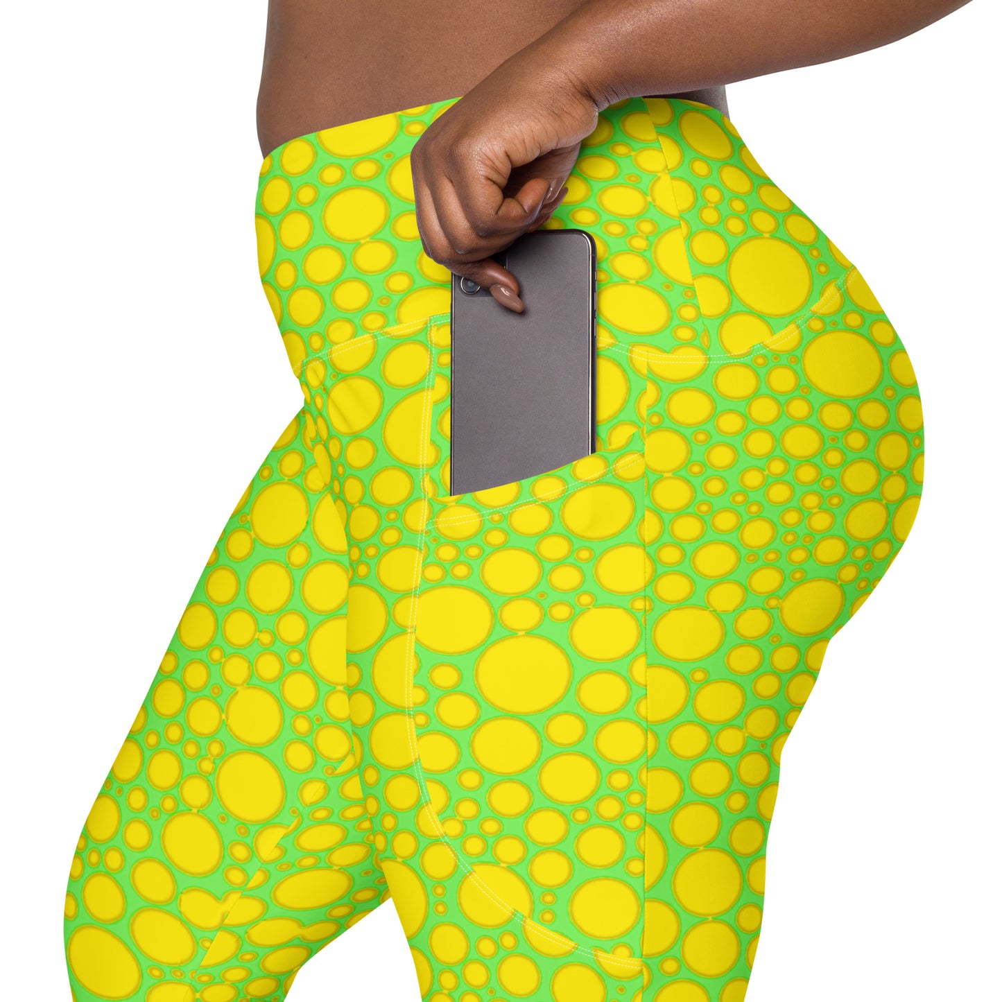 High-Waisted Pocket Leggings - Yellow Dots on Green