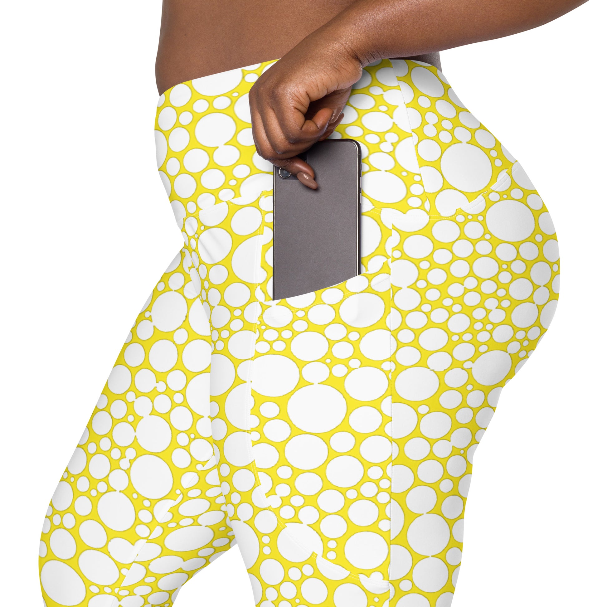 High-Waisted Pocket Leggings - White Dots on Yellow