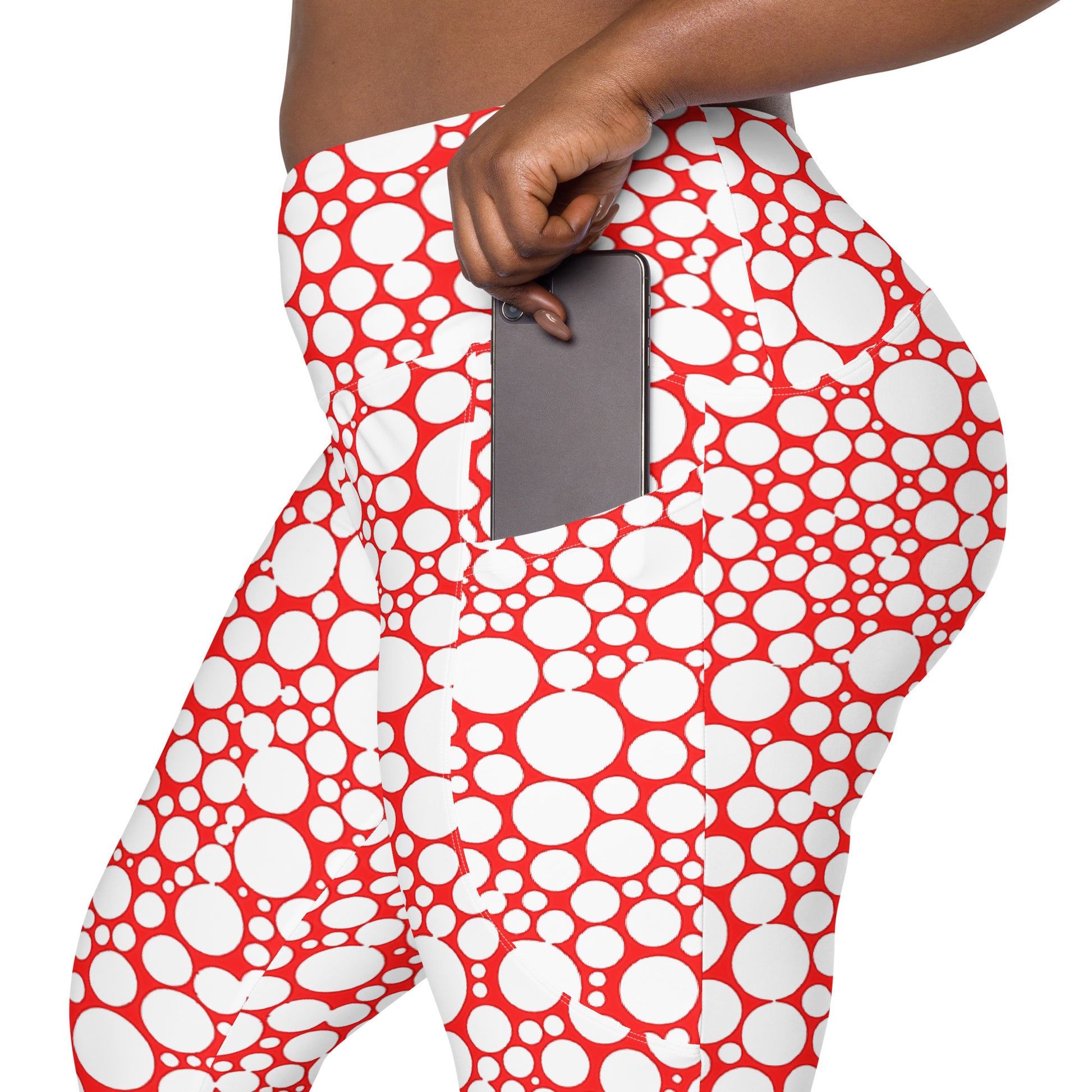 High-Waisted Pocket Leggings - White Dots on Red