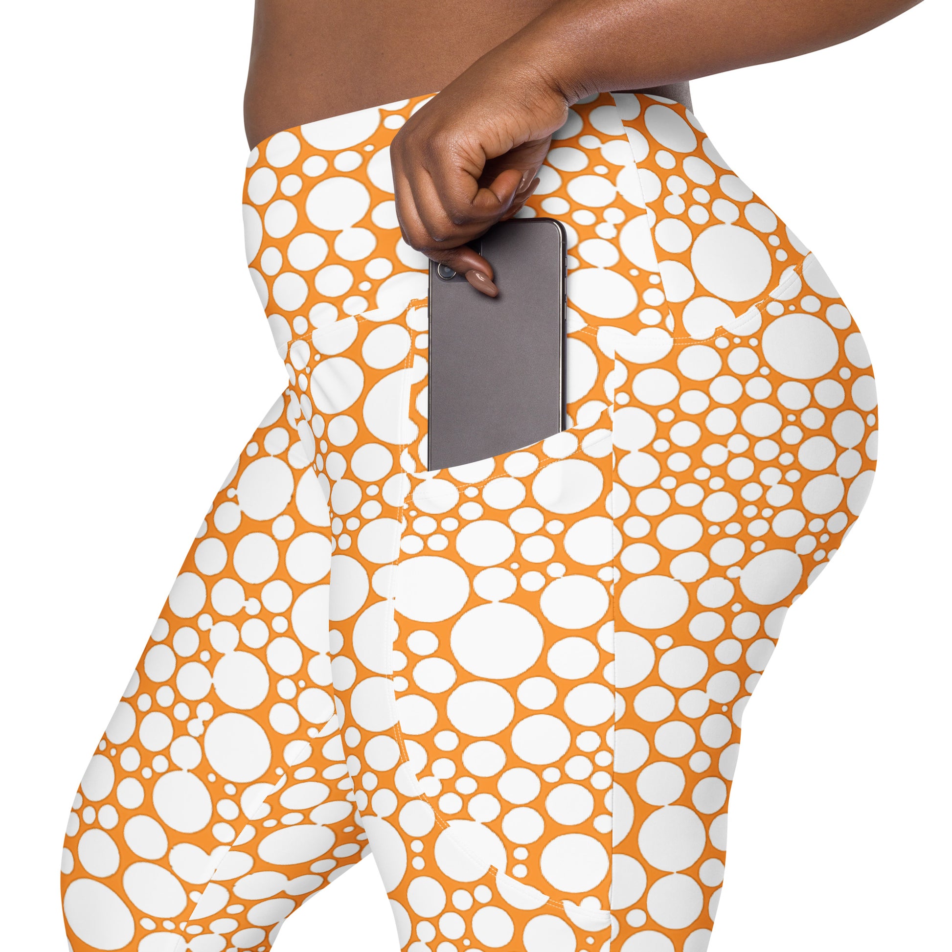 High-Waisted Pocket Leggings - White Dots on Orange