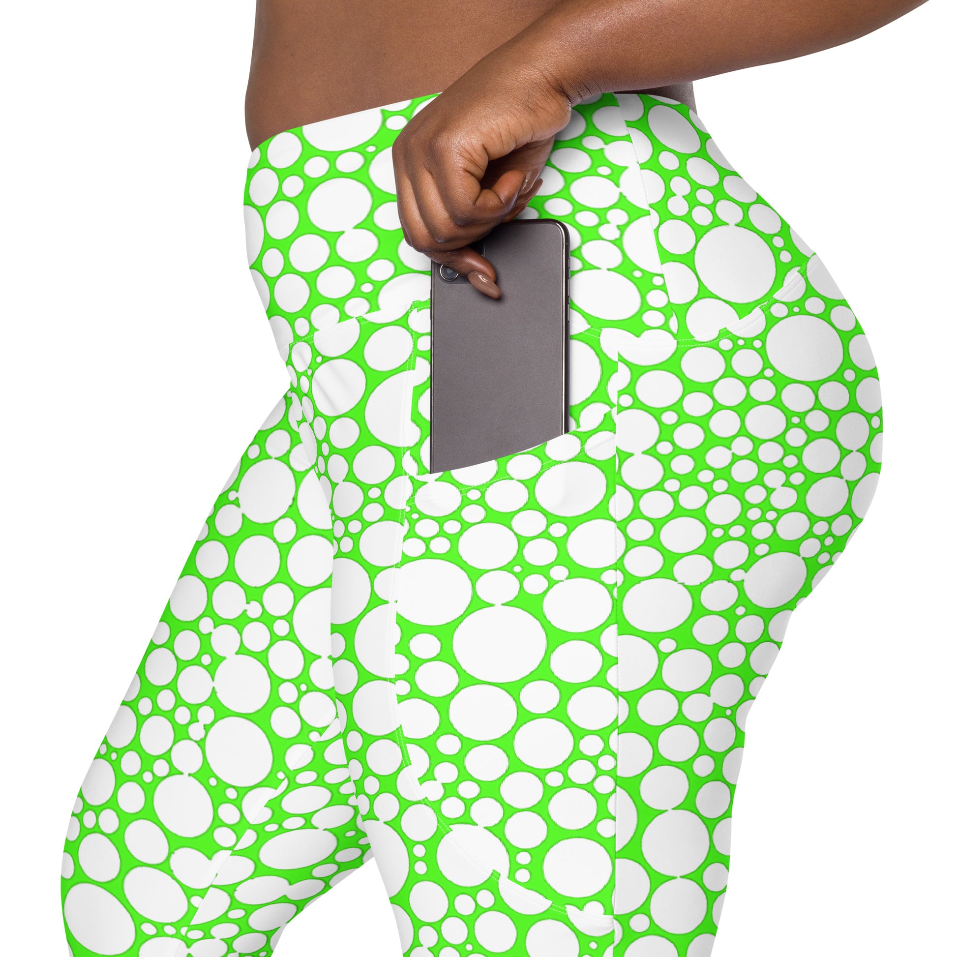 High-Waisted Pocket Leggings - White Dots on Neon Green