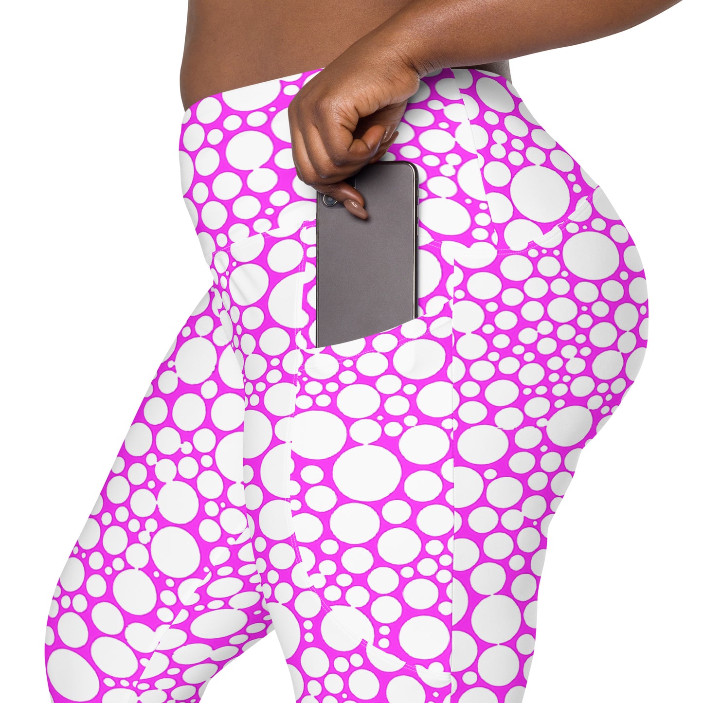 High-Waisted Pocket Leggings - White Dots on Fuchsia