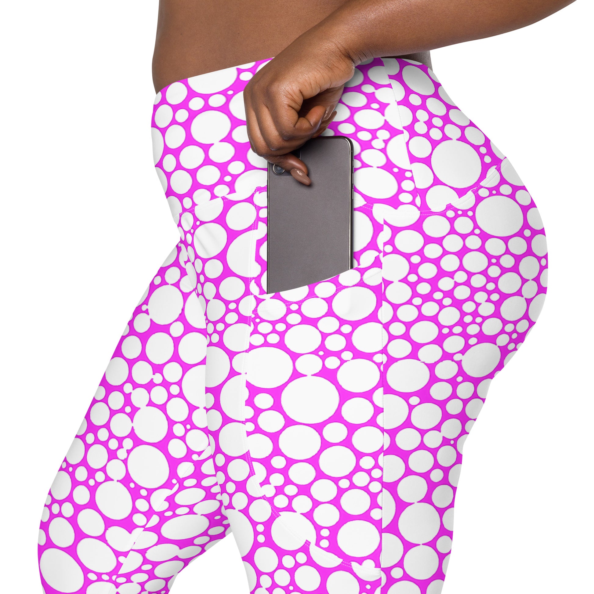 High-Waisted Pocket Leggings - White Dots on Fuchsia