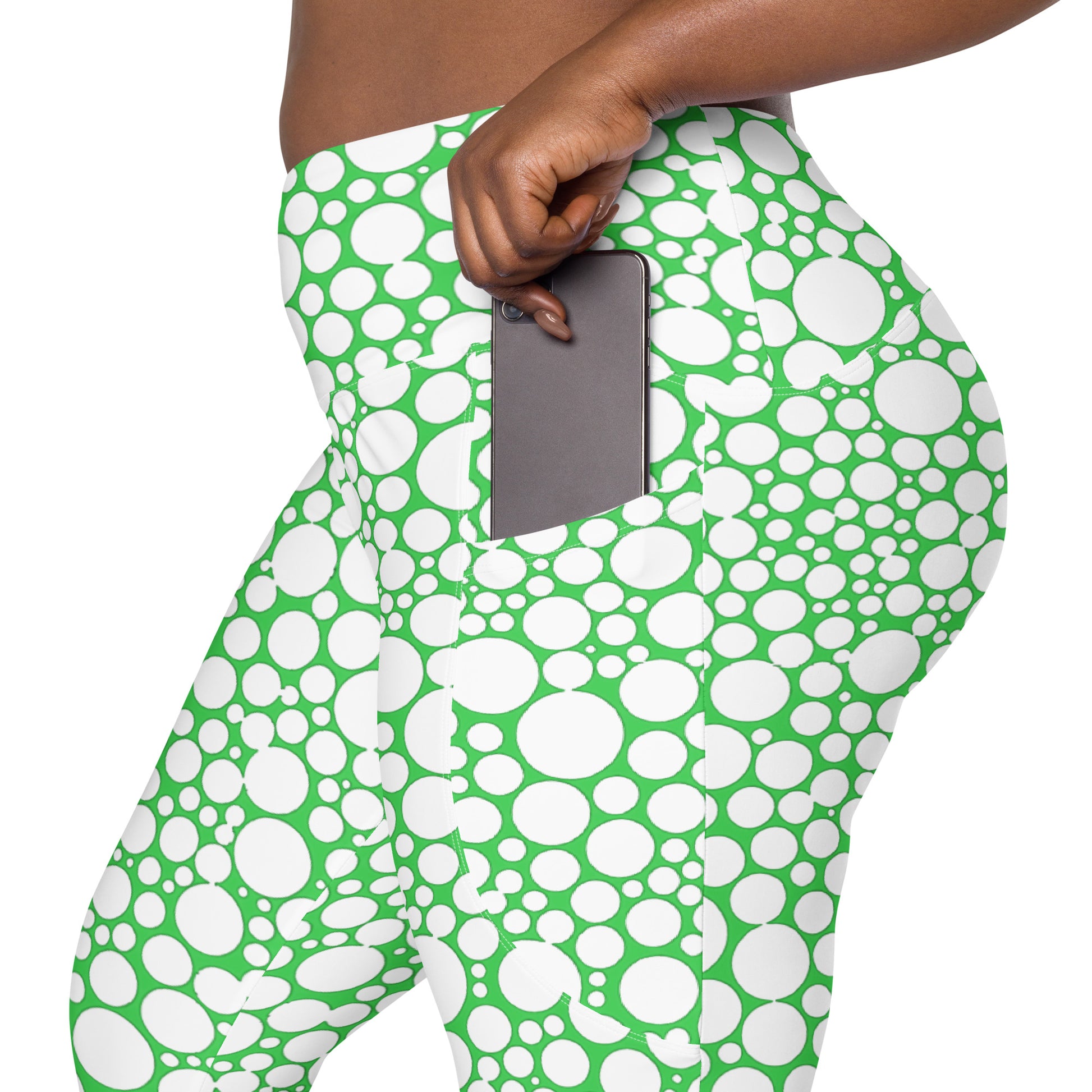 High-Waisted Pocket Leggings - White Dots on Forest Green