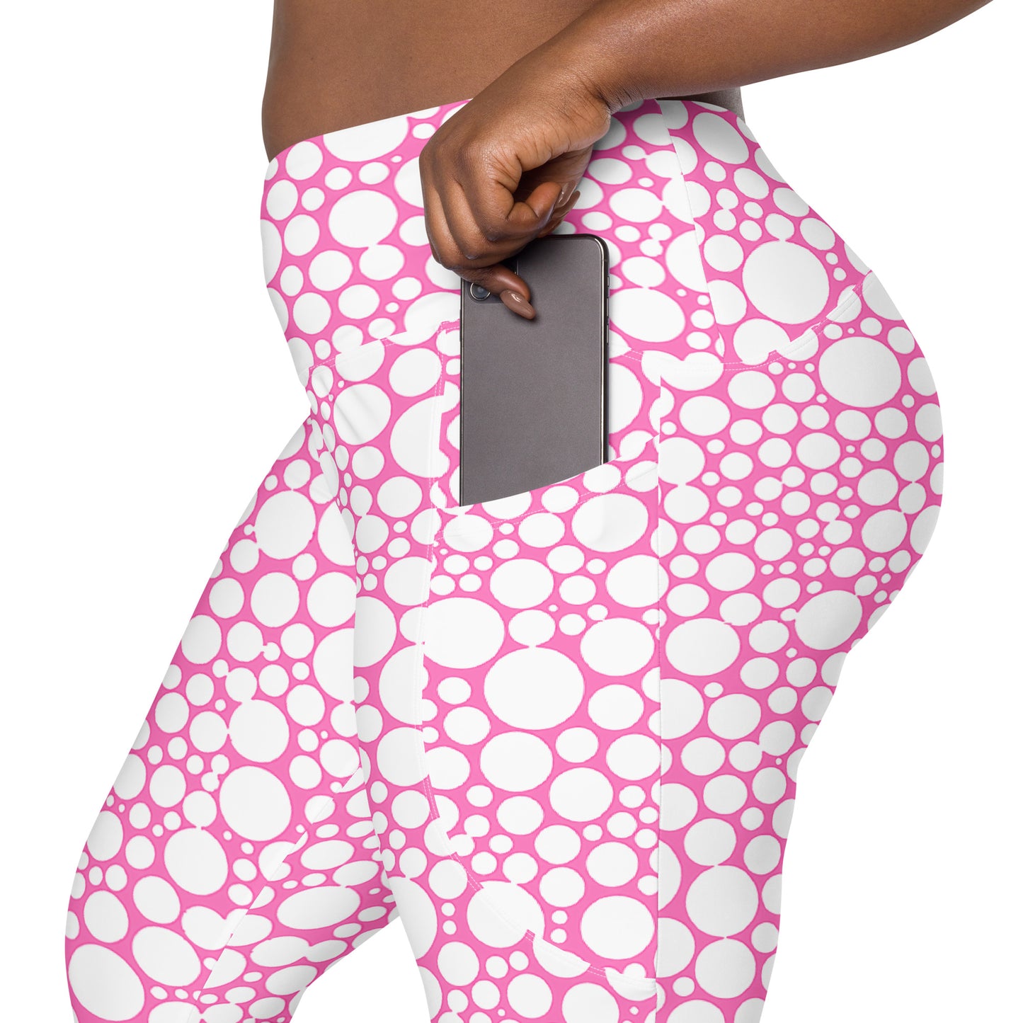 High-Waisted Pocket Leggings - White Dots on Bubblegum