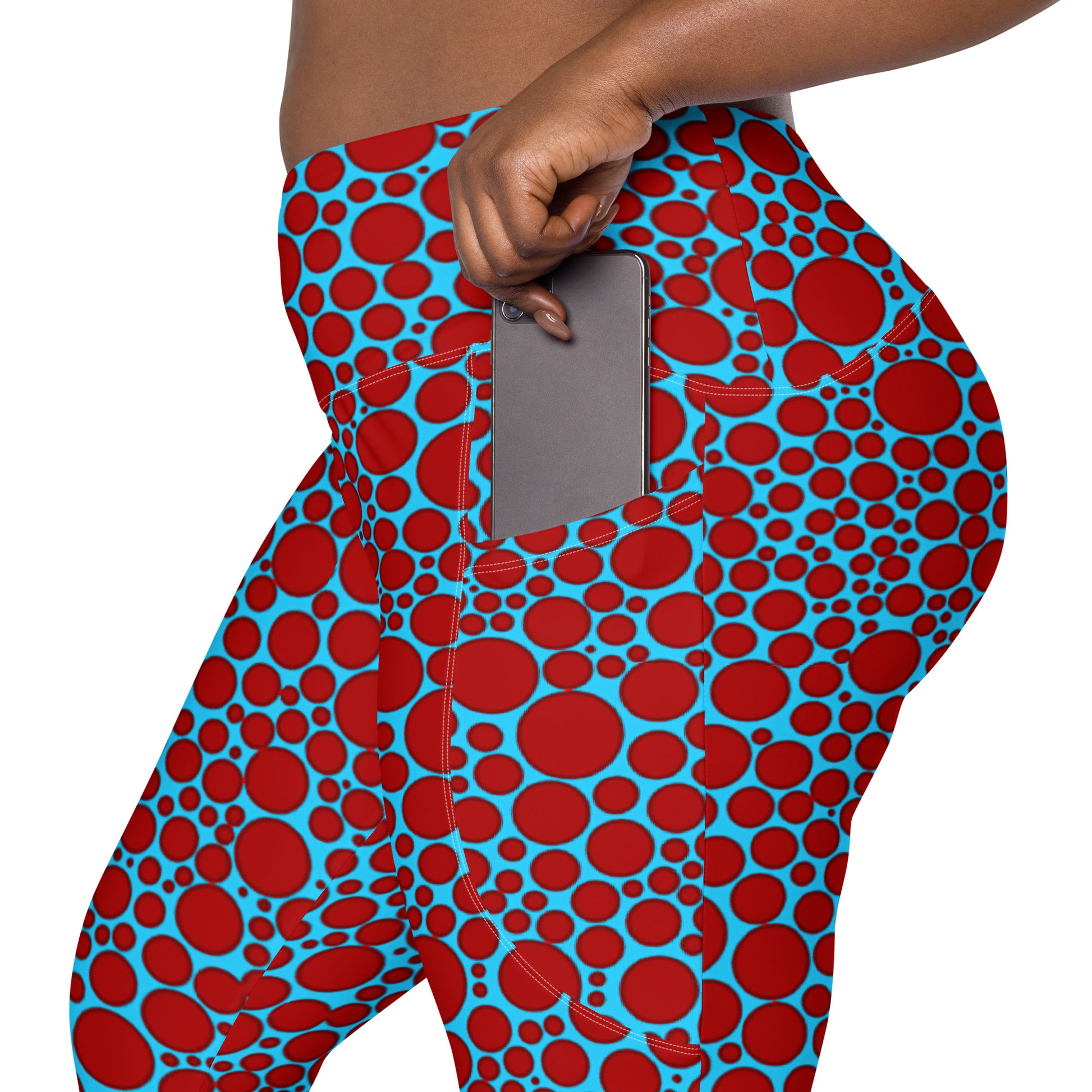 High-Waisted Pocket Leggings - Red Dots on Blue