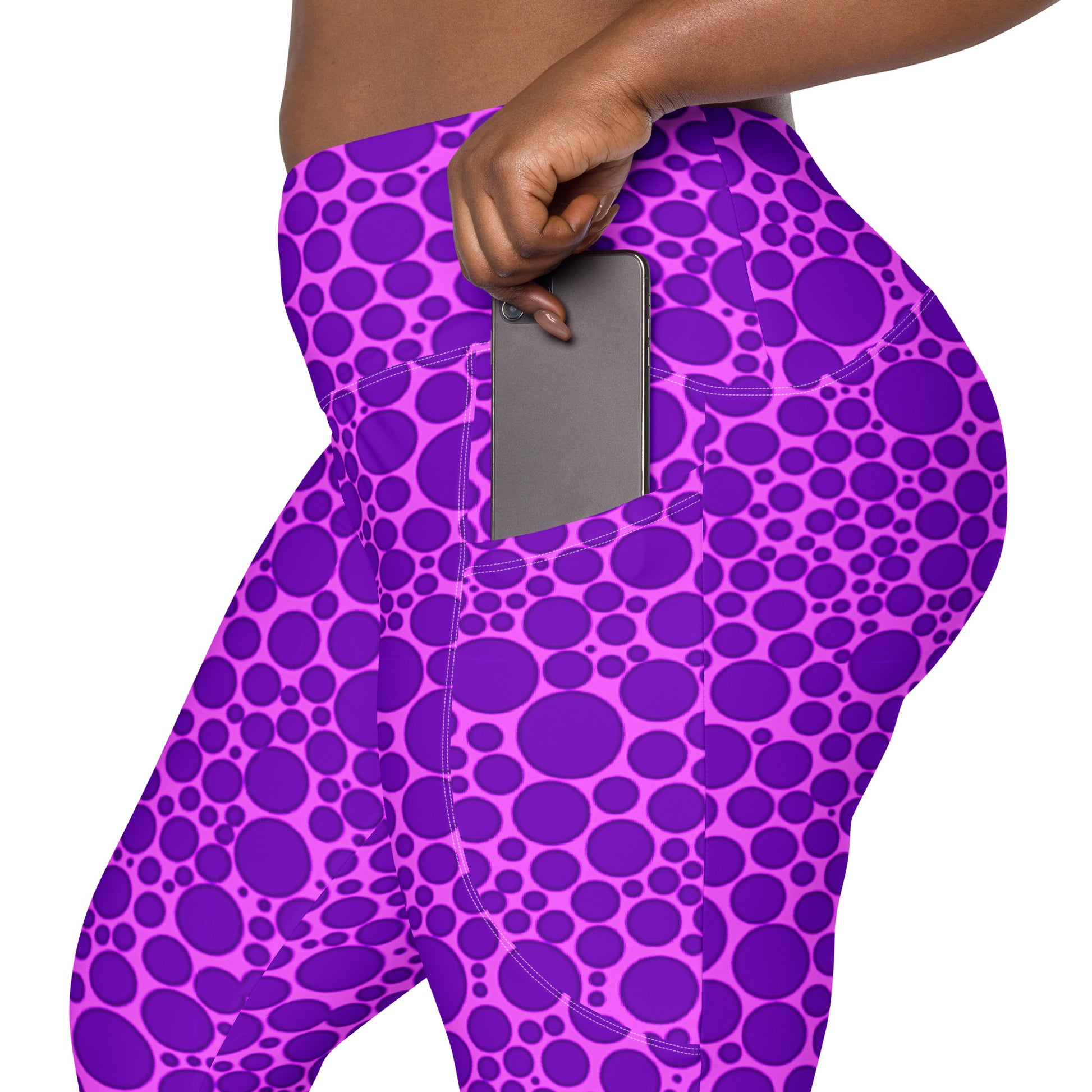 High-Waisted Pocket Leggings - Purple Dots on Pink