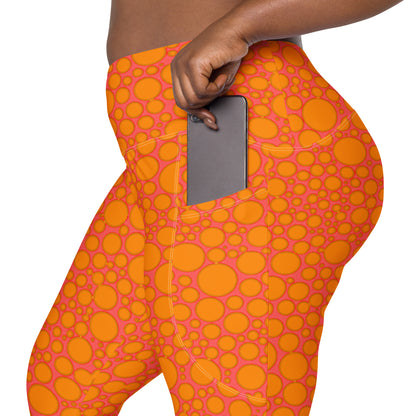 High-Waisted Pocket Leggings - Orange Dots on Pink