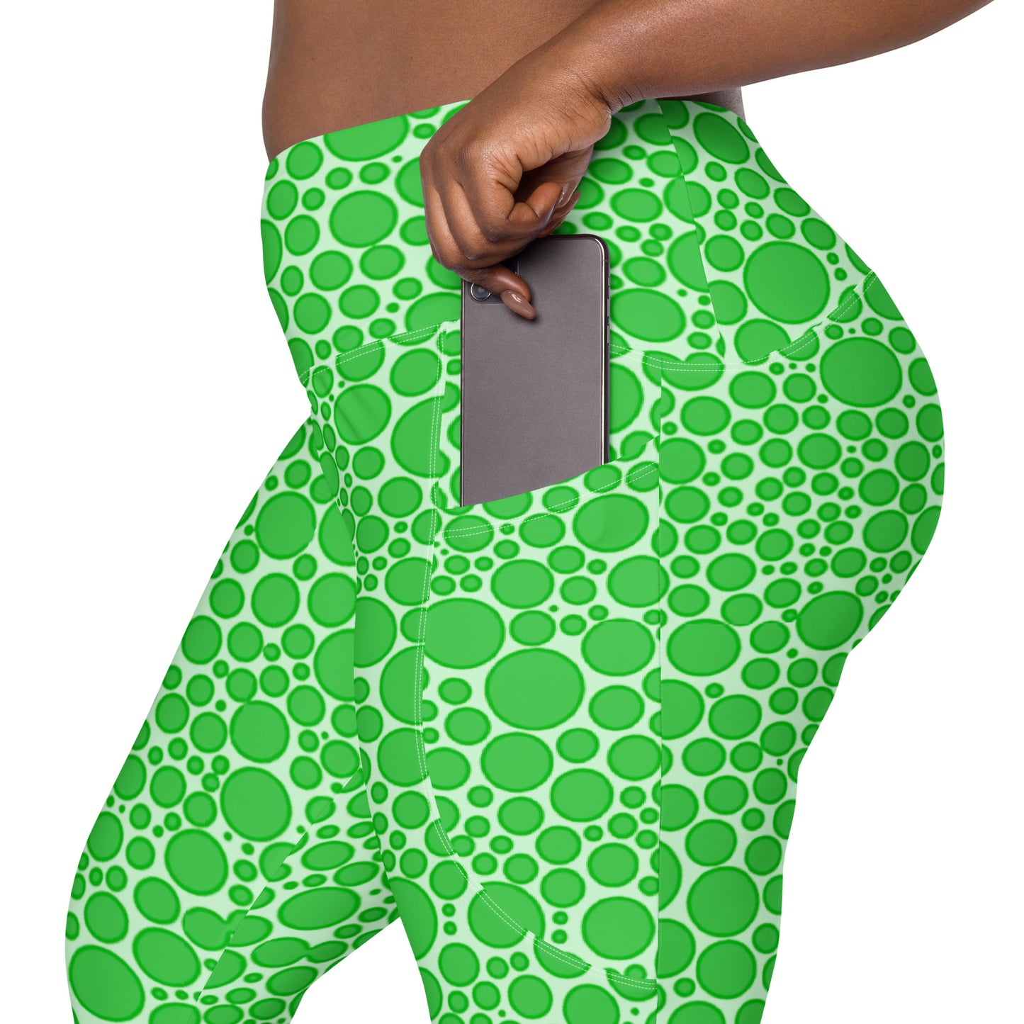 High-Waisted Pocket Leggings - Green Dots on Neon Green