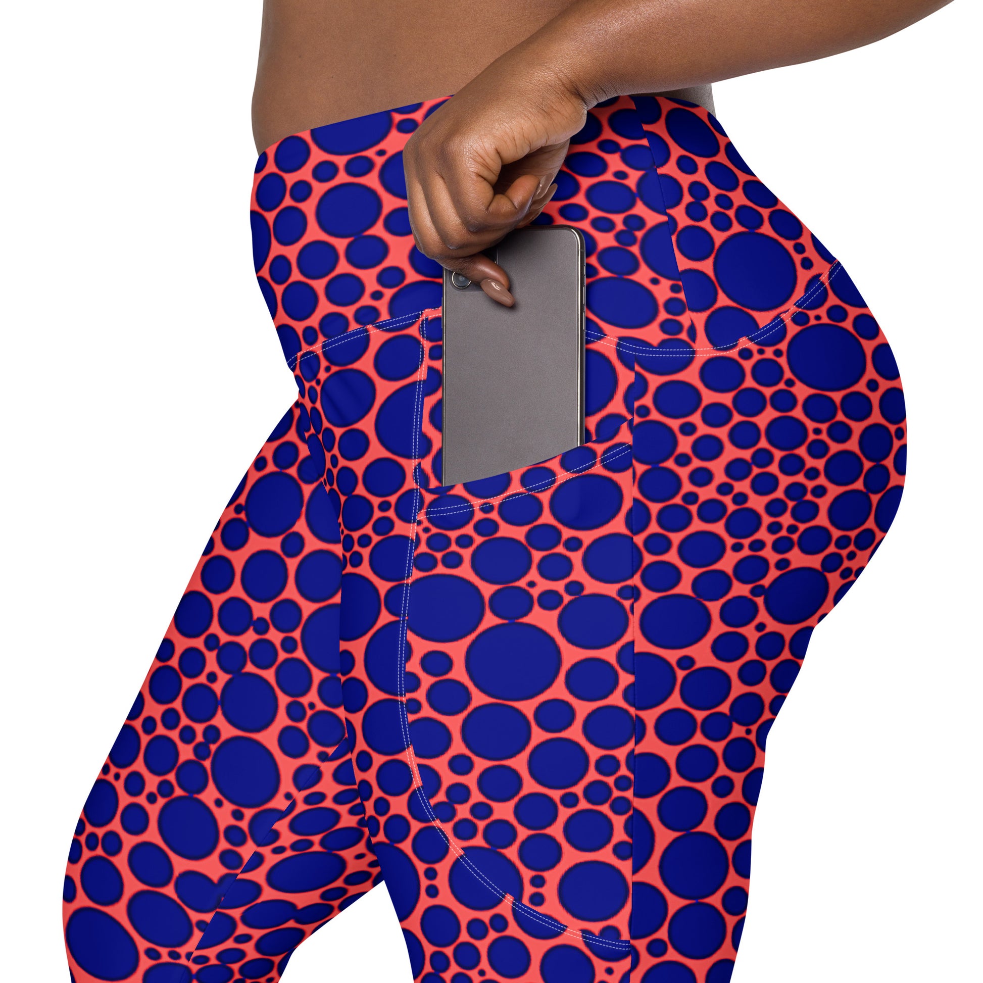 High-Waisted Pocket Leggings - Navy Blue Dots on Orange