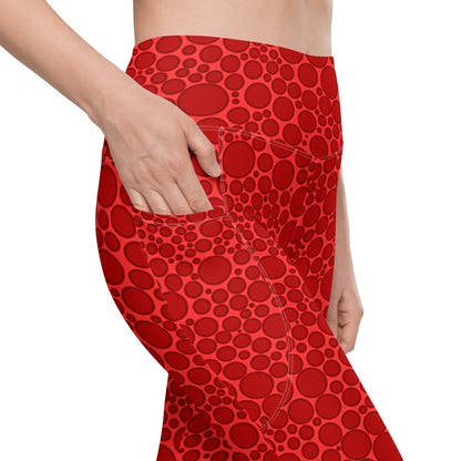 High-Waisted Pocket Leggings - Dark Red Dots on Bright Red