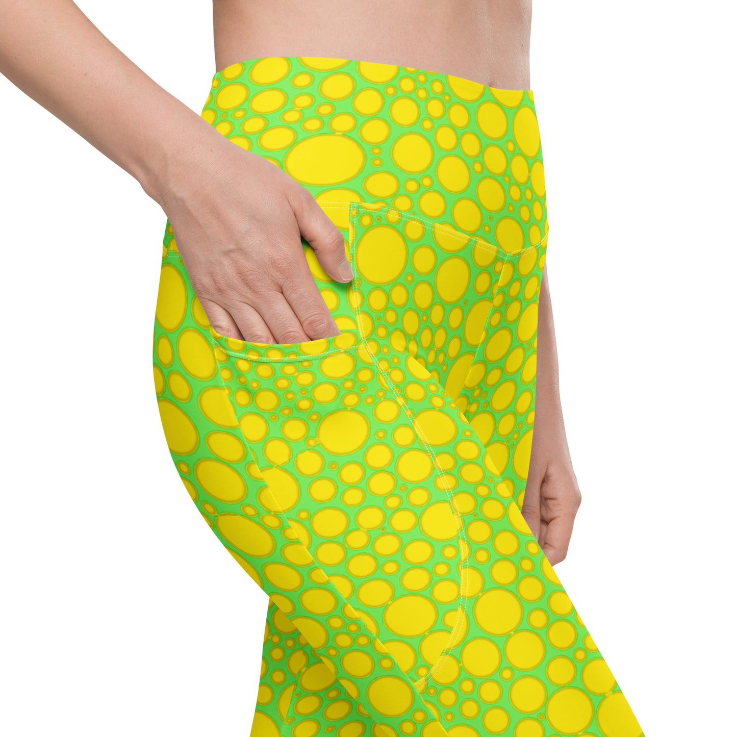 High-Waisted Pocket Leggings - Yellow Dots on Green