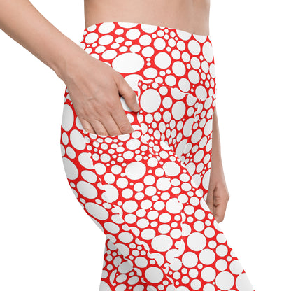 High-Waisted Pocket Leggings - White Dots on Red