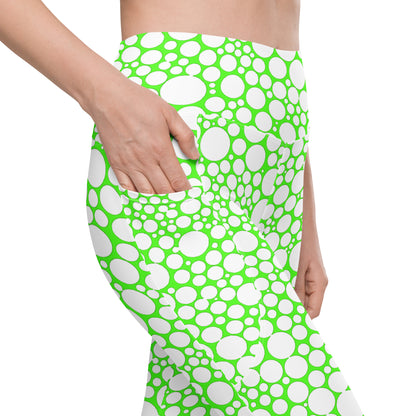 High-Waisted Pocket Leggings - White Dots on Neon Green