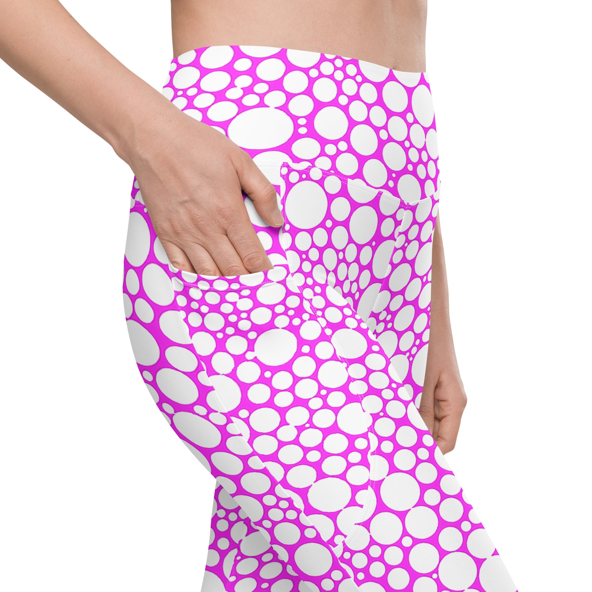 High-Waisted Pocket Leggings - White Dots on Fuchsia