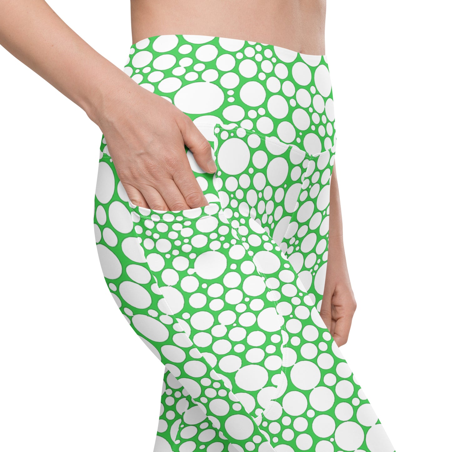 High-Waisted Pocket Leggings - White Dots on Forest Green