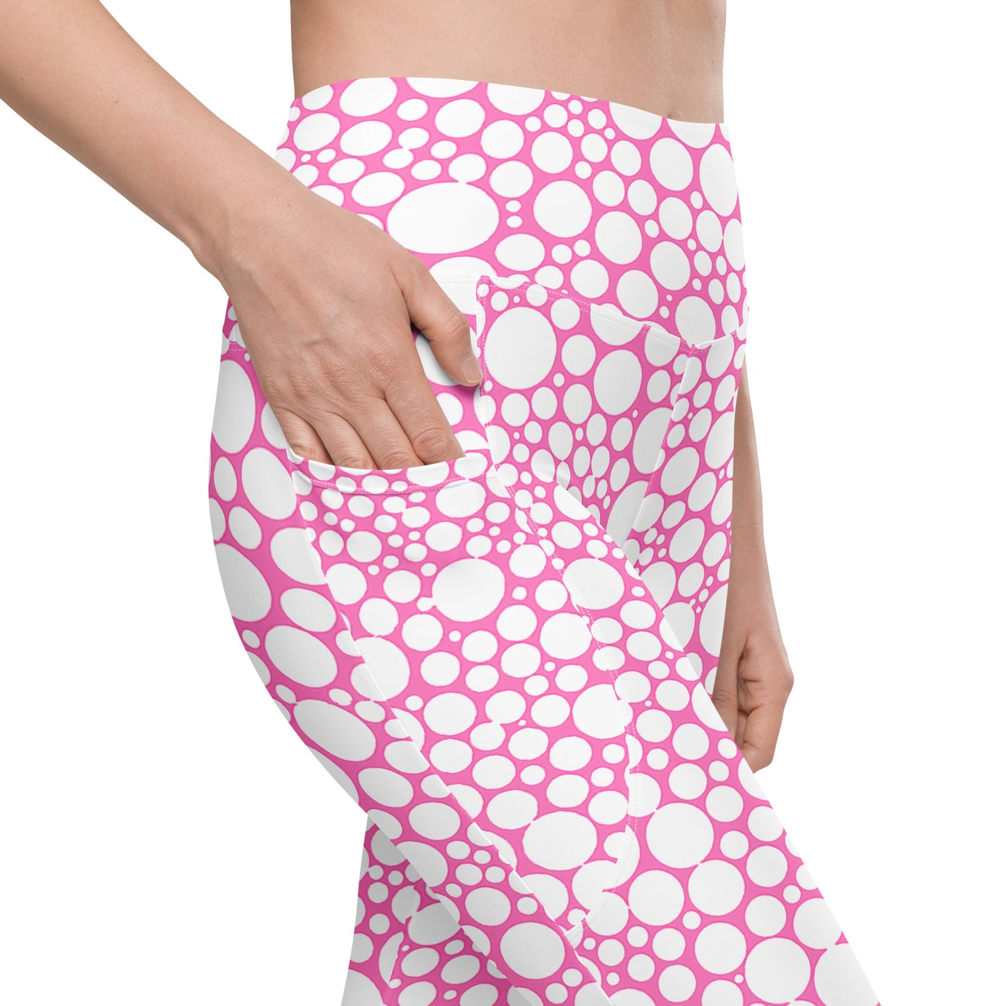 High-Waisted Pocket Leggings - White Dots on Bubblegum